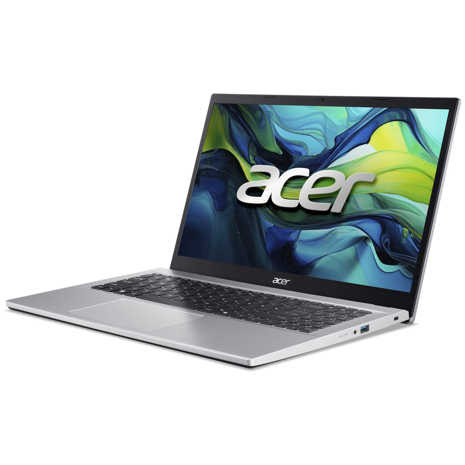 Zilveren Acer-laptop open op witte achtergrond. Scherm toont Acer-logo. Toetsenbord en touchpad zijn zichtbaar.