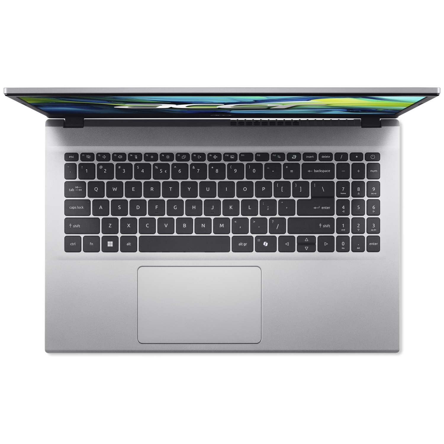 Overzicht van een zilveren laptop met het scherm iets open. Het toetsenbord is zichtbaar, met een touchpad eronder.
