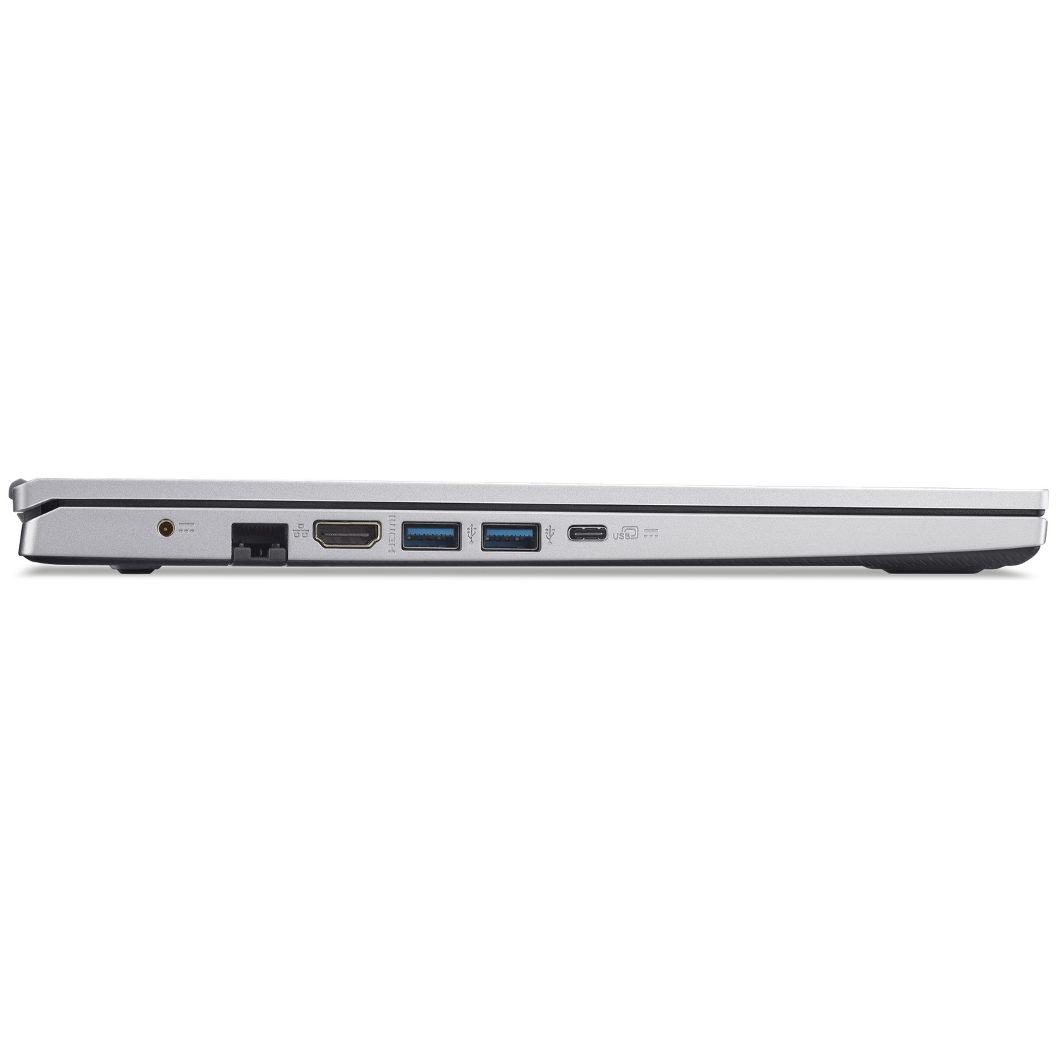 Zijaanzicht van een zilveren laptop. Poorten zijn audio, ethernet, HDMI, USB en USB-C. Zwarte rand rechts.