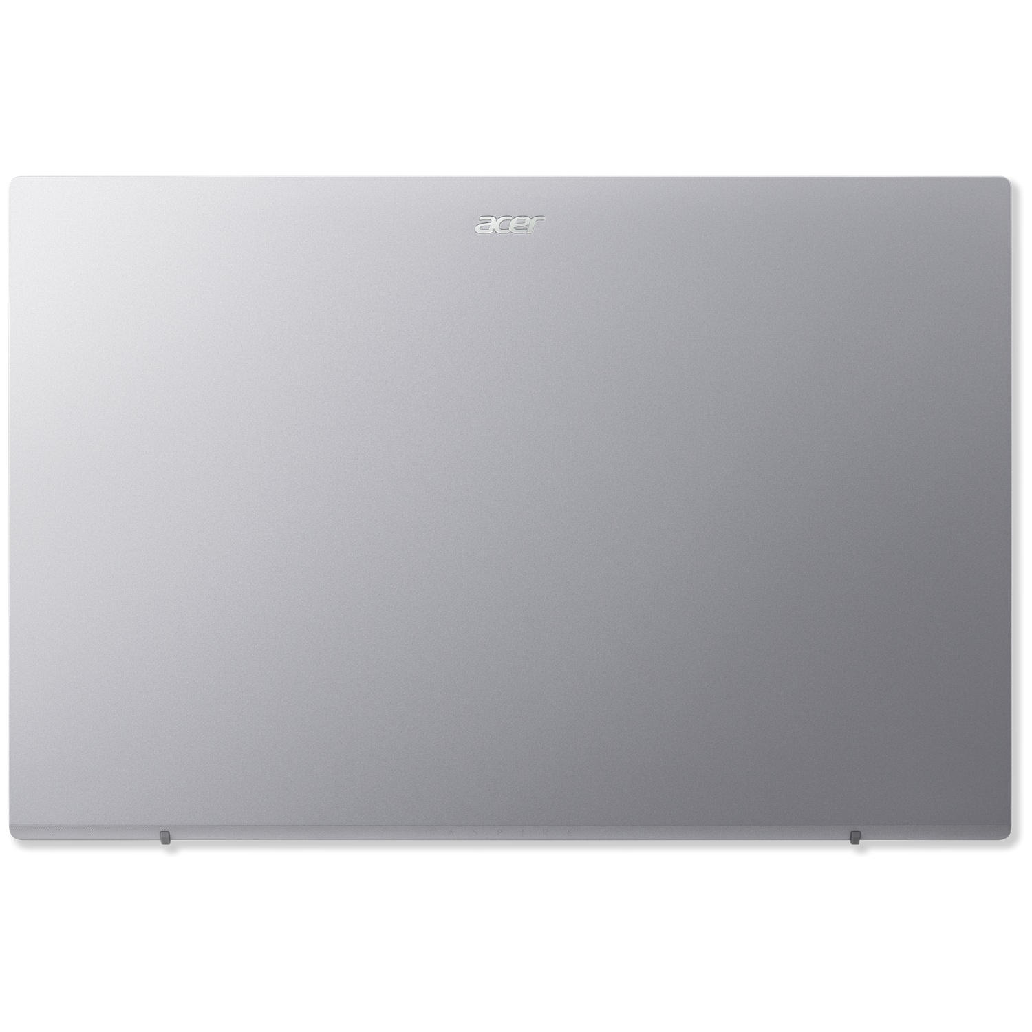 Een zilveren Acer laptopdeksel wordt getoond, met de merknaam in het midden bovenaan. Het oppervlak heeft een getextureerde afwerking. Het deksel is gesloten.