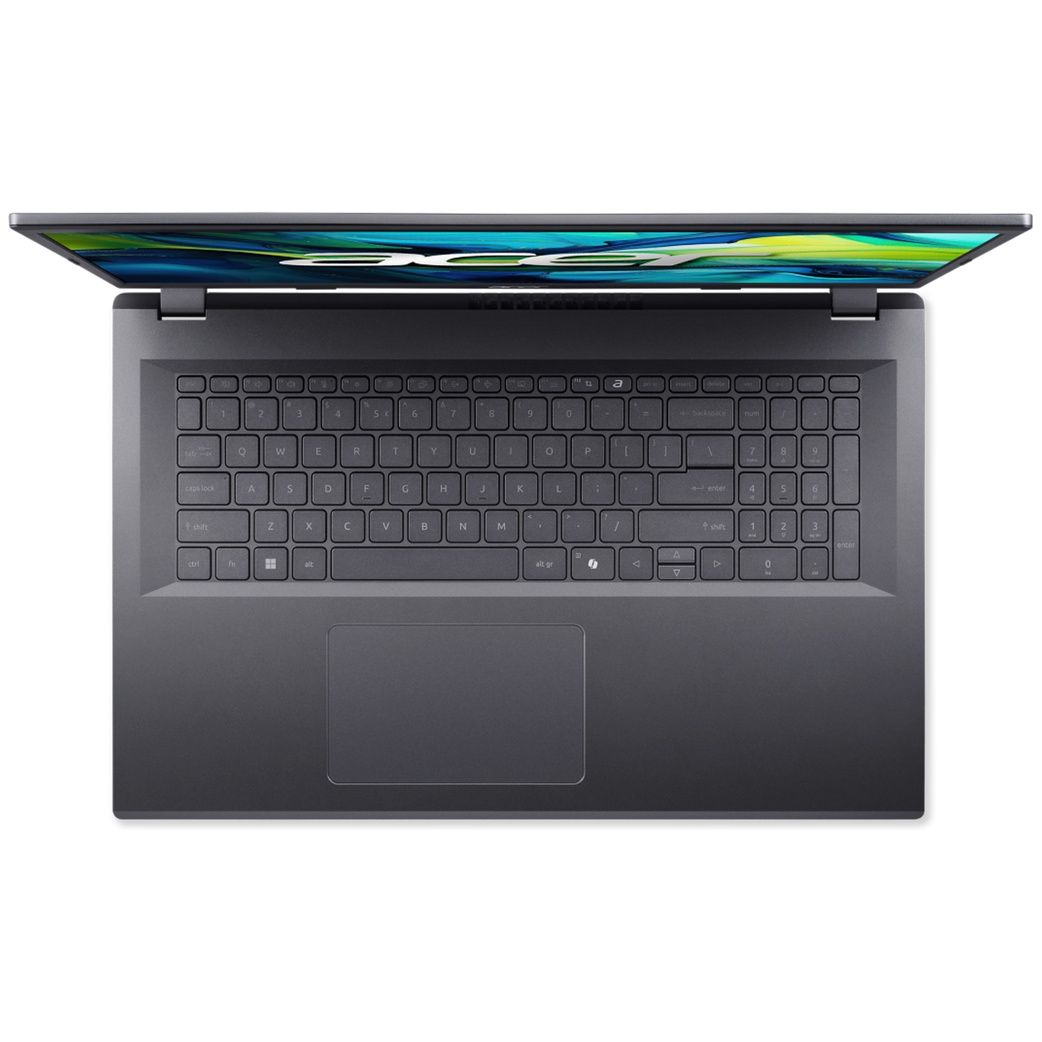 Bovenaanzicht van een grijze laptop met het scherm open. Het toetsenbord is zichtbaar met toetsen en het scherm toont een kleurrijke afbeelding.