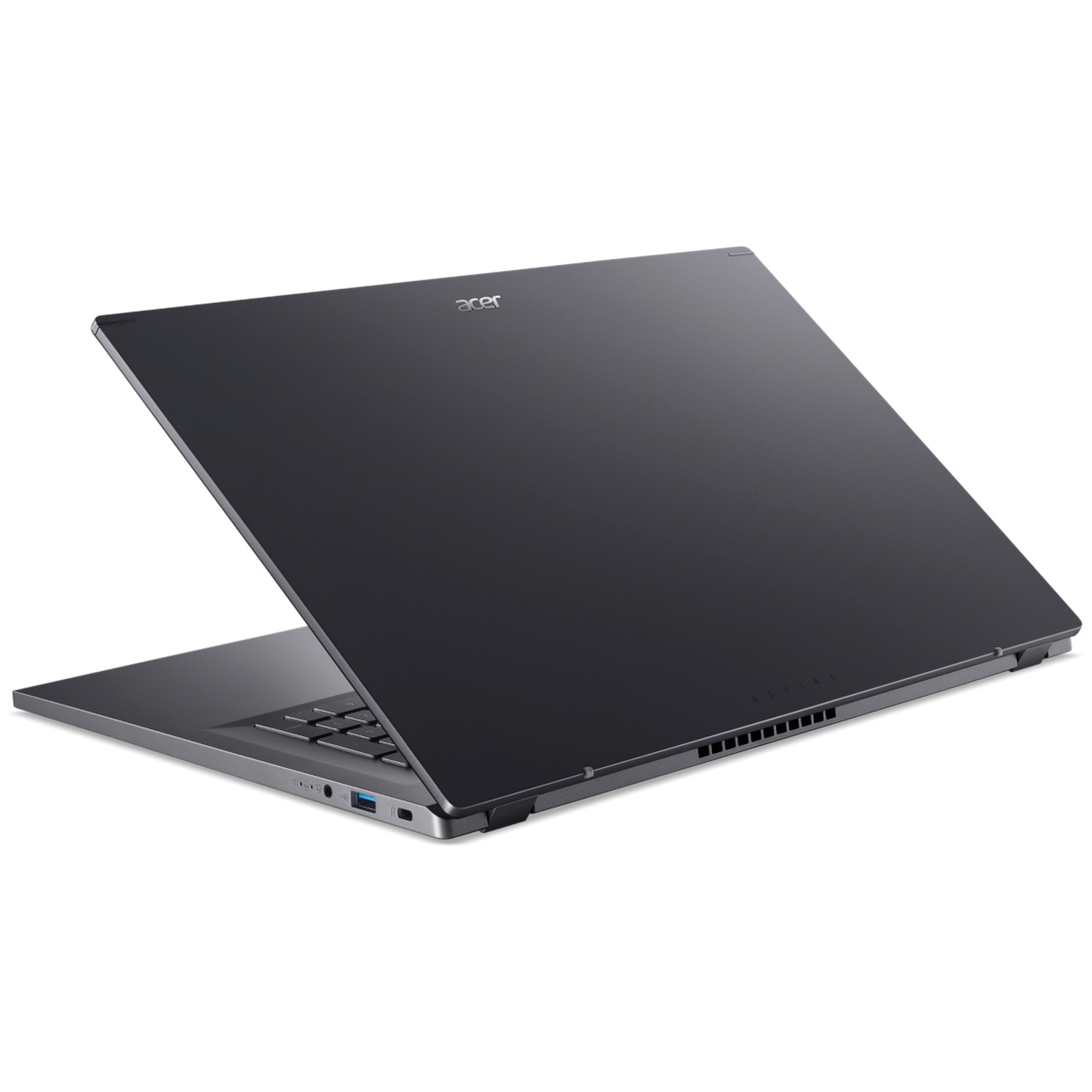 Een donkergrijze Acer laptop is open, met het toetsenbord en scherm zichtbaar. Het Acer-logo is zichtbaar. De achtergrond is wit.