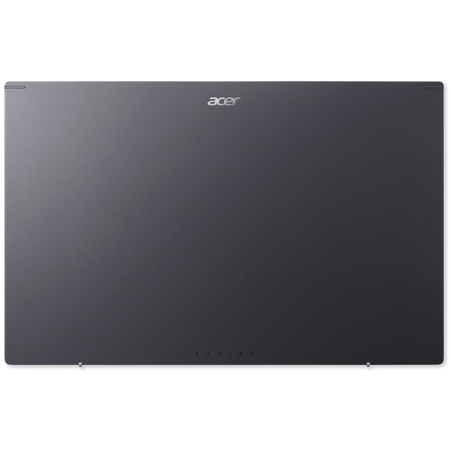 De achterkant van een grijze Acer laptop. Het Acer logo staat bovenaan in het midden. Het woord 'Aspire' staat onderaan.