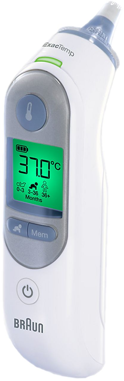 Un termometro auricolare Braun bianco mostra 37,0°C. Ha un display verde, pulsanti e una punta della sonda.