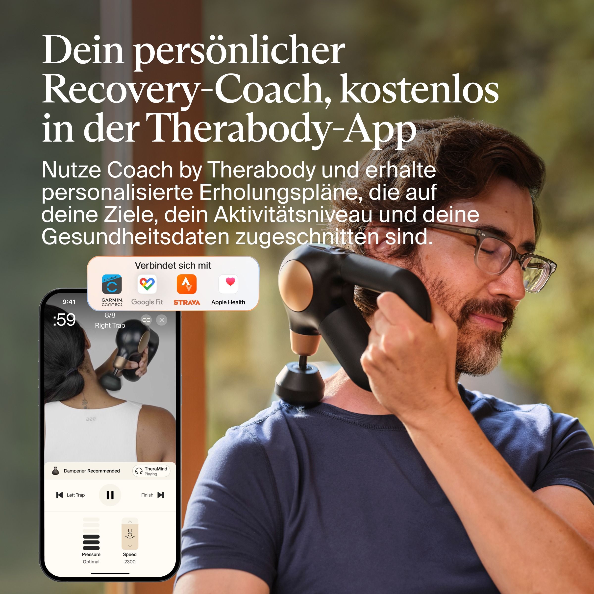 Mann benutzt Massagepistole am Hals, Telefon zeigt App-Oberfläche. Text wirbt für die Therabody-App.