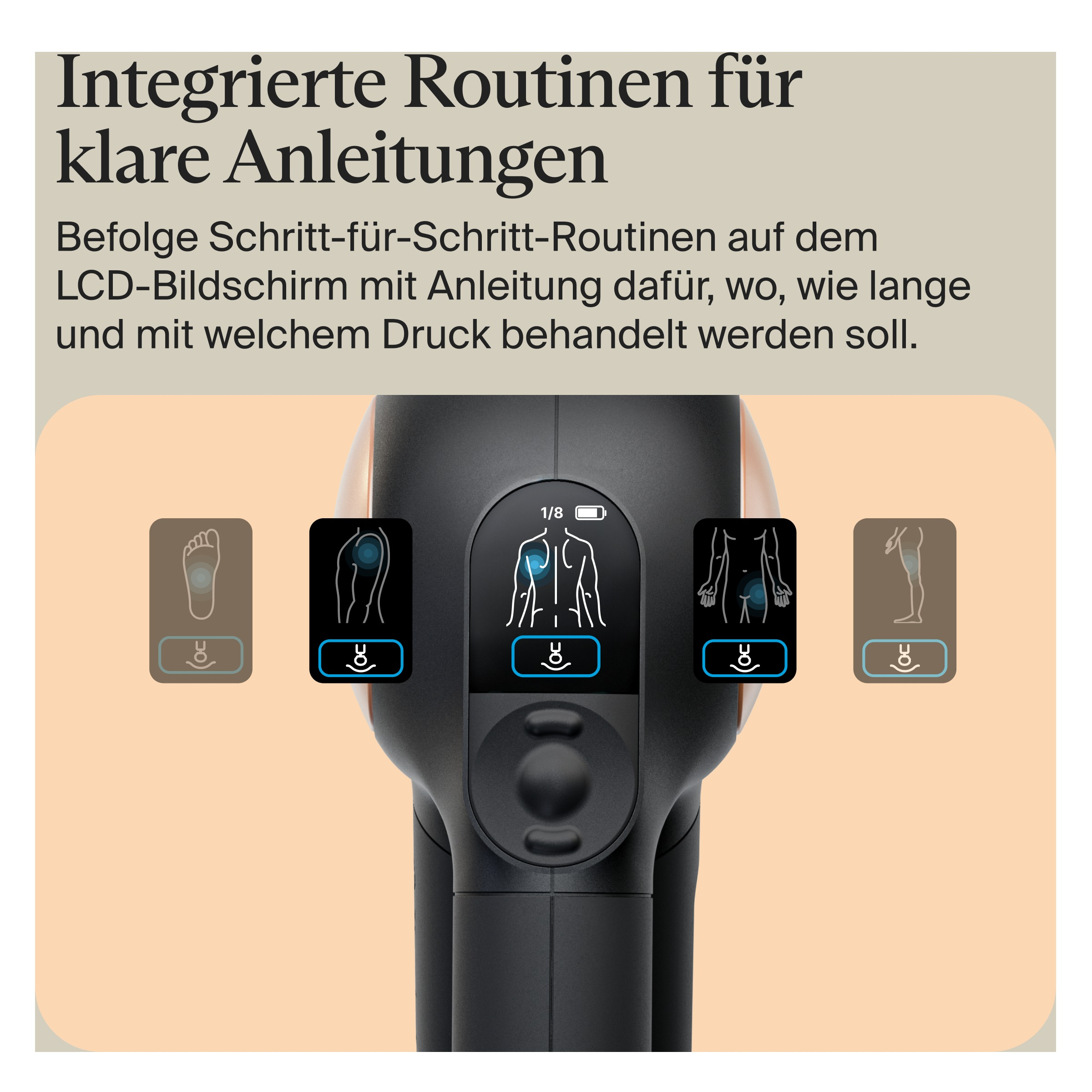 Gerät mit Bildschirm, der Körperdiagramme und Anweisungen zeigt. Text: Integrierte Routinen für klare Anweisungen.