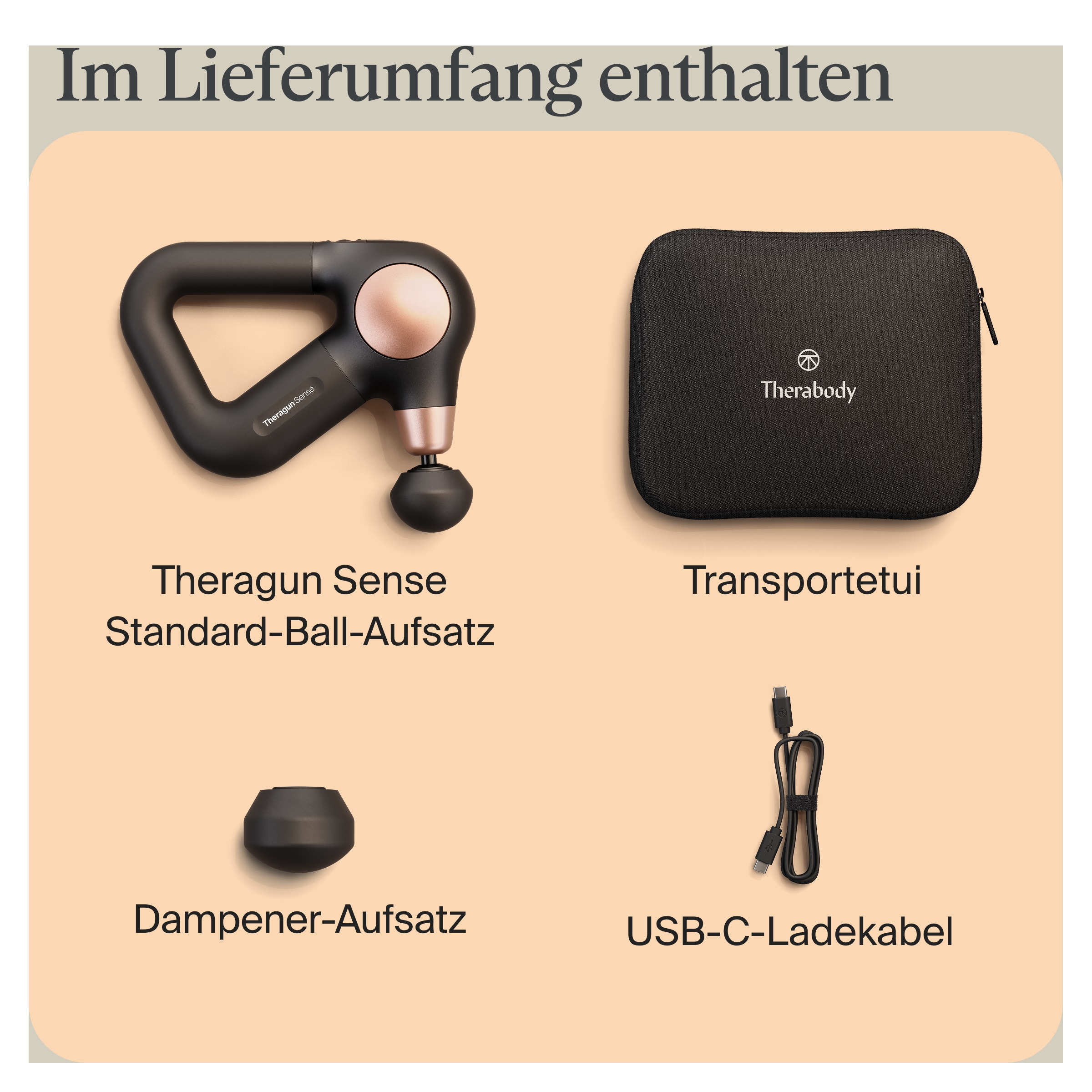 Das Bild zeigt eine schwarze Massagepistole, eine schwarze Hülle, einen schwarzen Aufsatz und ein USB-C-Kabel.