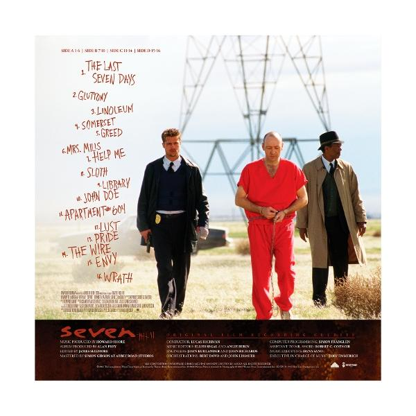 Filmposter von 'Sieben' mit Brad Pitt, Kevin Spacey und Morgan Freeman. Der Text listet die Sünden und Credits des Films auf.