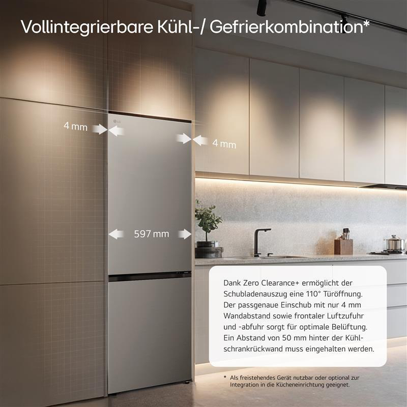 Ein Kühlschrank ist in den Küchenschrank integriert, mit angegebenen Abmessungen. Text beschreibt Merkmale wie Türöffnung und Belüftung.