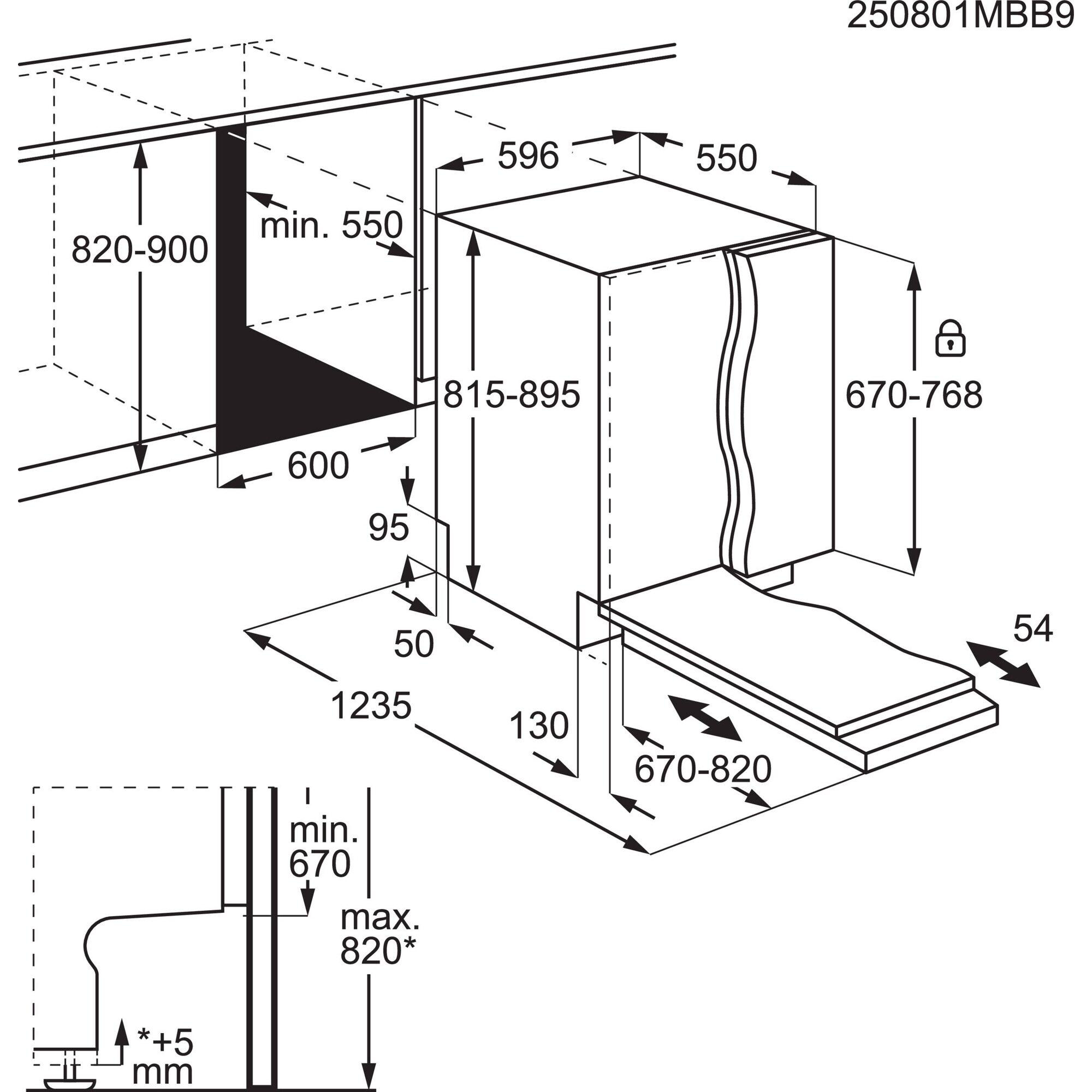 Diagramm mit den Abmessungen eines Küchengeräts, einschließlich Höhe, Breite und Tiefe in Millimetern.