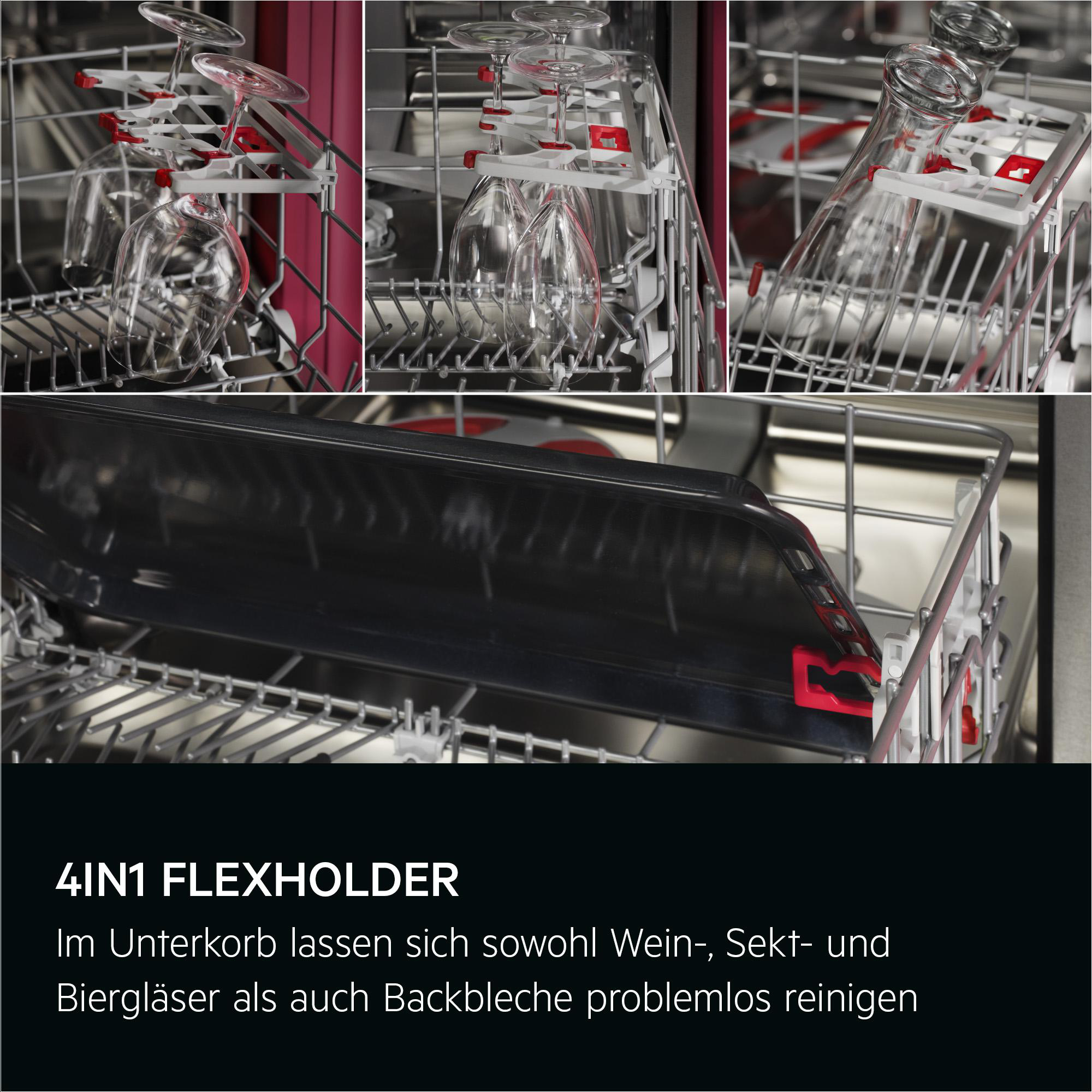 Geschirrspüler-Innenraum mit Weingläsern und einem Backblech. Metallgestelle halten die Gegenstände. Rote und weiße Halter sichern Gläser.