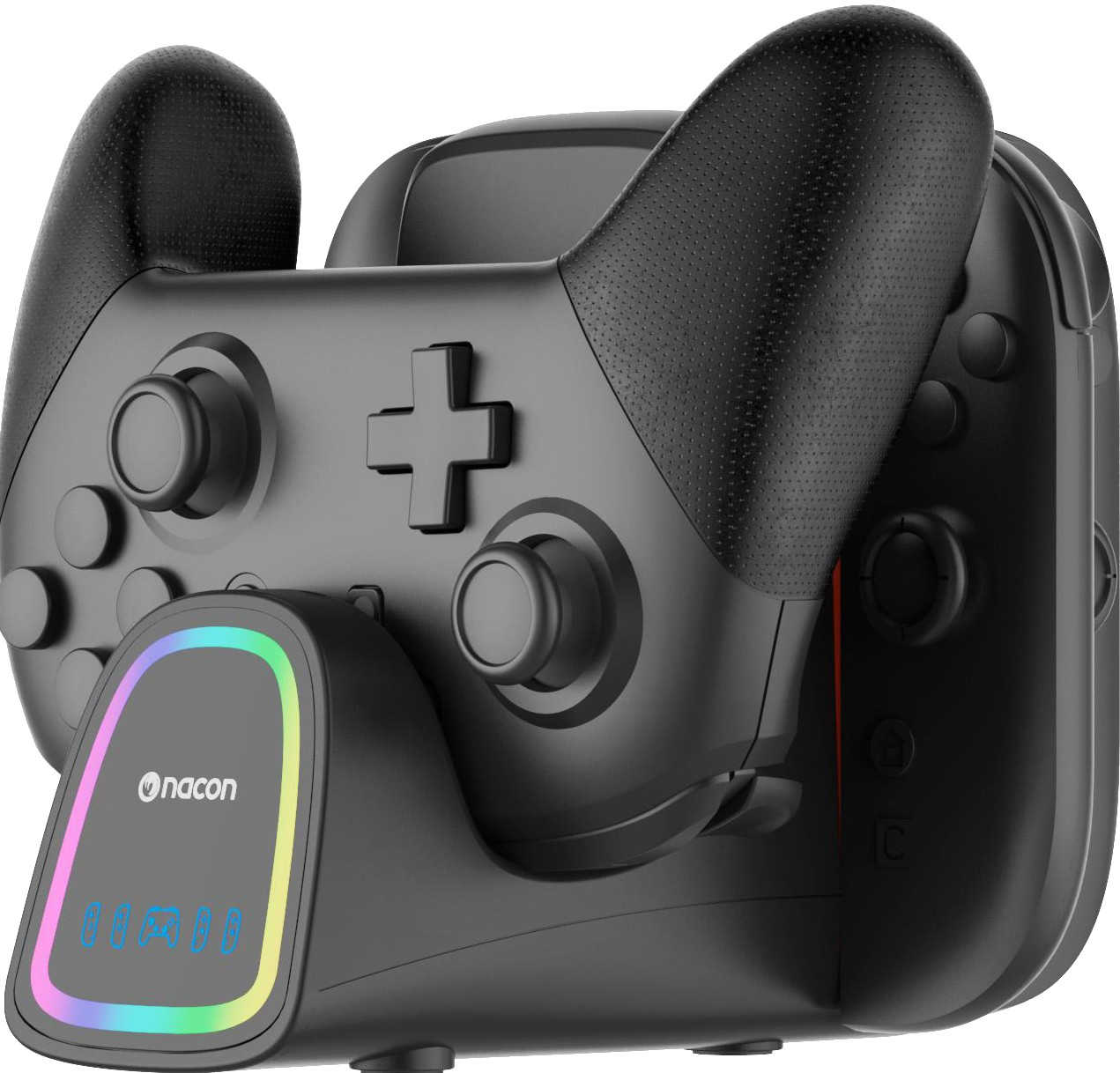 Schwarzer Nacon-Gamecontroller mit Ladestation. Der Controller hat Knöpfe, Joysticks und ein D-Pad. Die Dockingstation hat ein LED-Display.