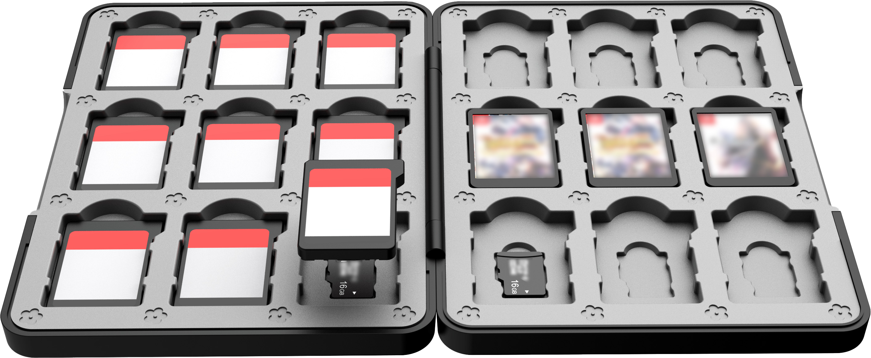 Geöffnete Hülle mit SD-Karten. Links 6 leere Karten, rechts 3 Spielkarten & 1 Adapter.
