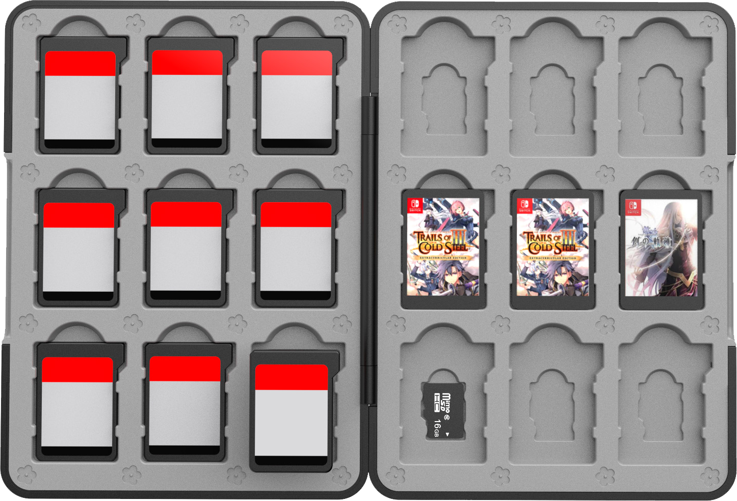 Grauer Kasten mit 6 Spielkarten links, 3 Spielkarten & 1 SD-Karte rechts.