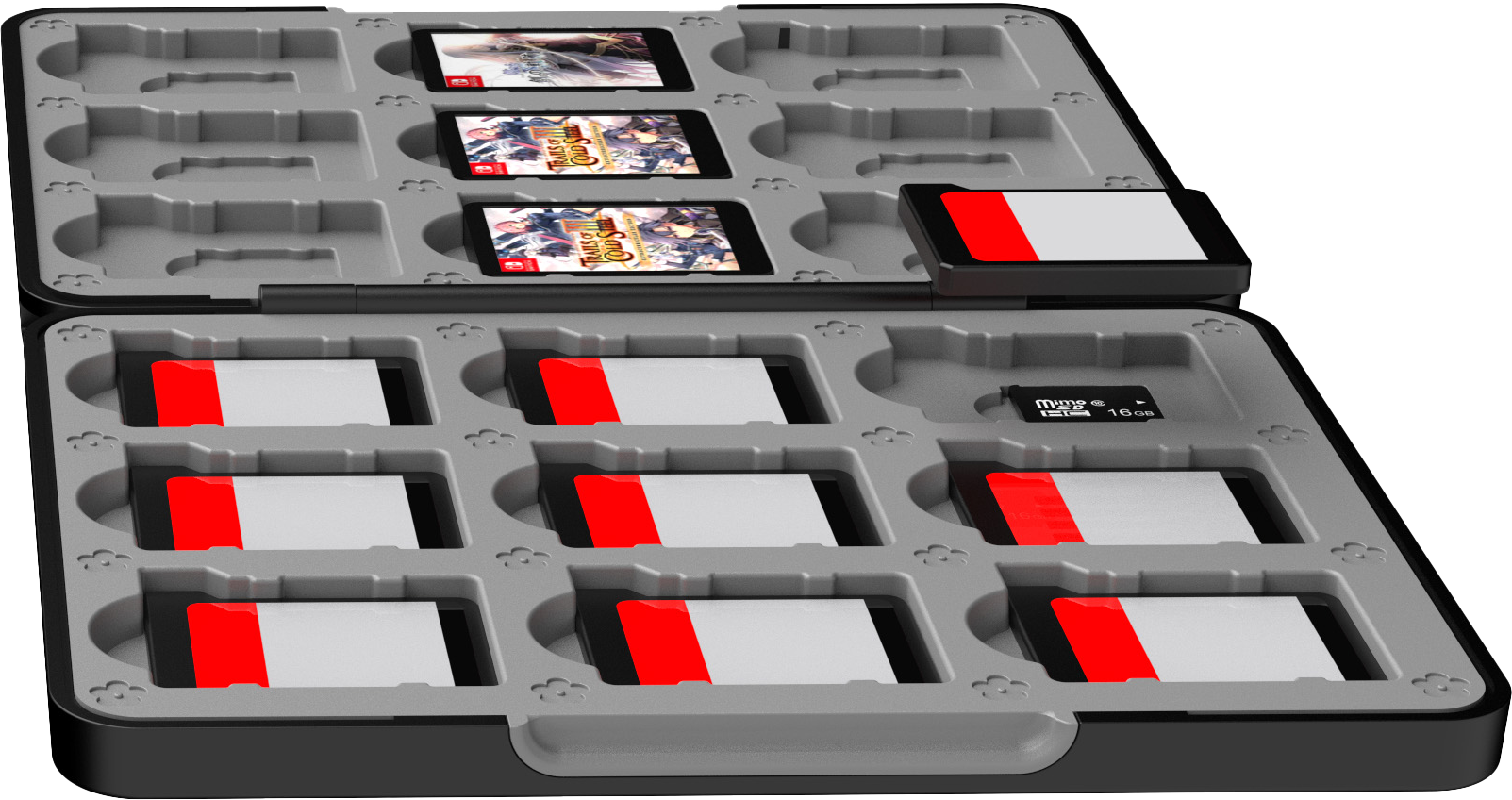 Eine graue Hülle enthält Nintendo Switch-Spielkarten, einige mit Spielkunst, andere mit rot-weißen Etiketten.
