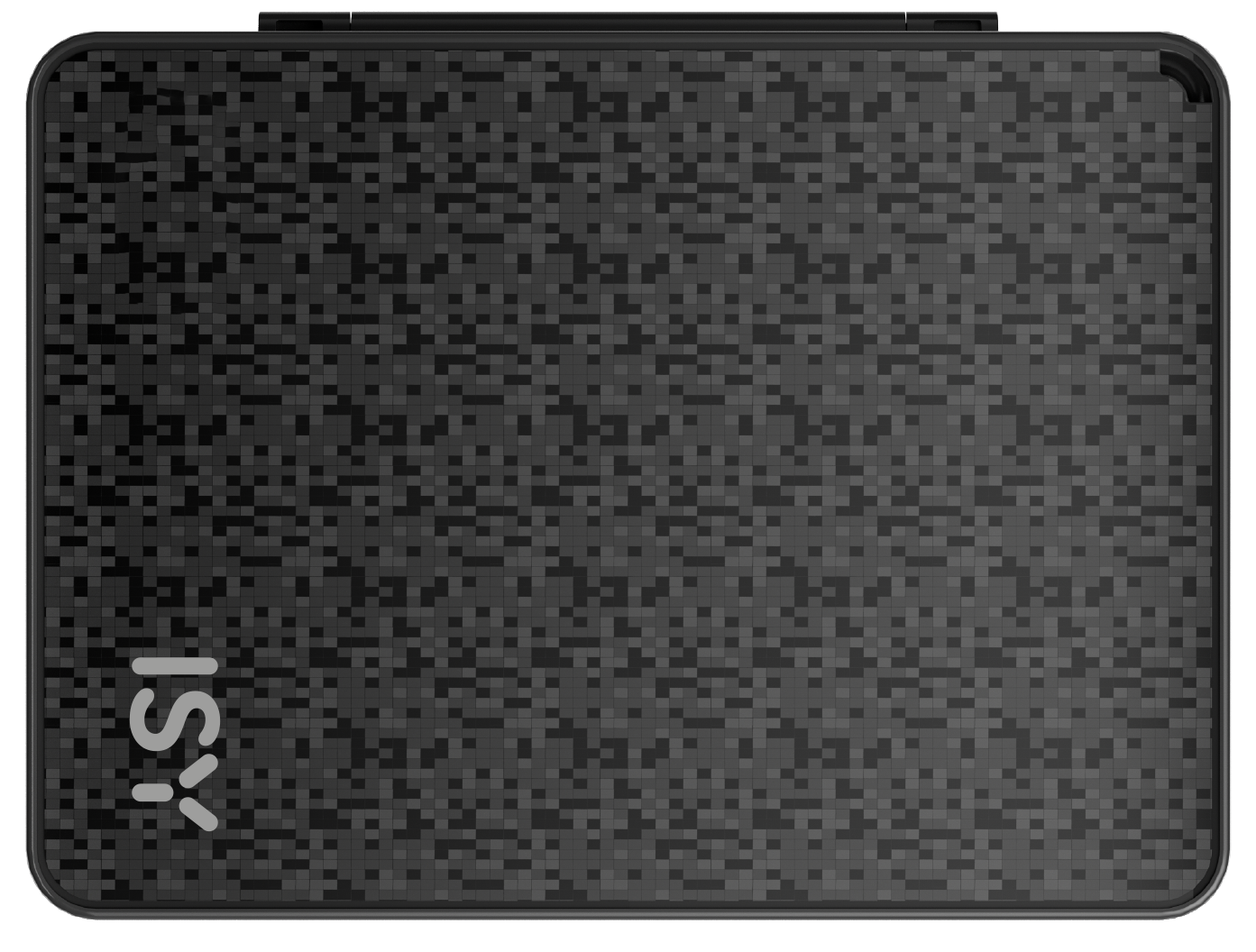 Eine schwarze externe Festplatte mit pixeligem Muster und ISY-Logo.