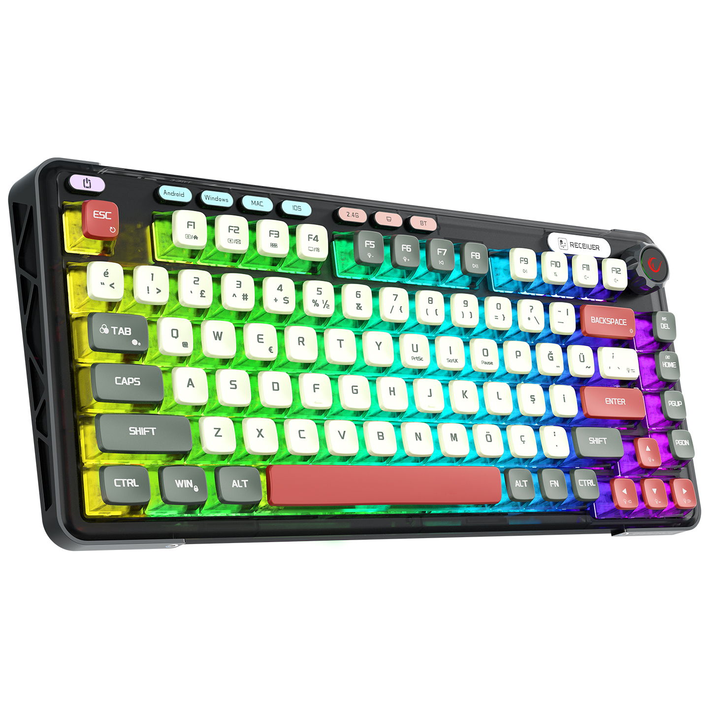 Tuşlarda RGB arka aydınlatmalı siyah mekanik klavye. Modlar arasında Android, Windows, Mac, iOS, 2.4G ve BT bulunur.