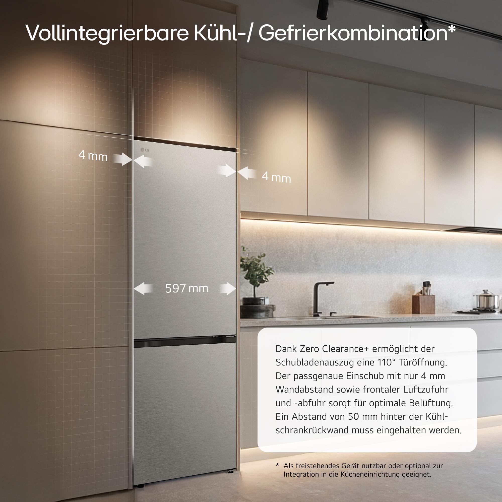 Moderne Küche mit integriertem LG-Kühlschrank. Zeigt 4mm Türspalt und 597mm Breite.