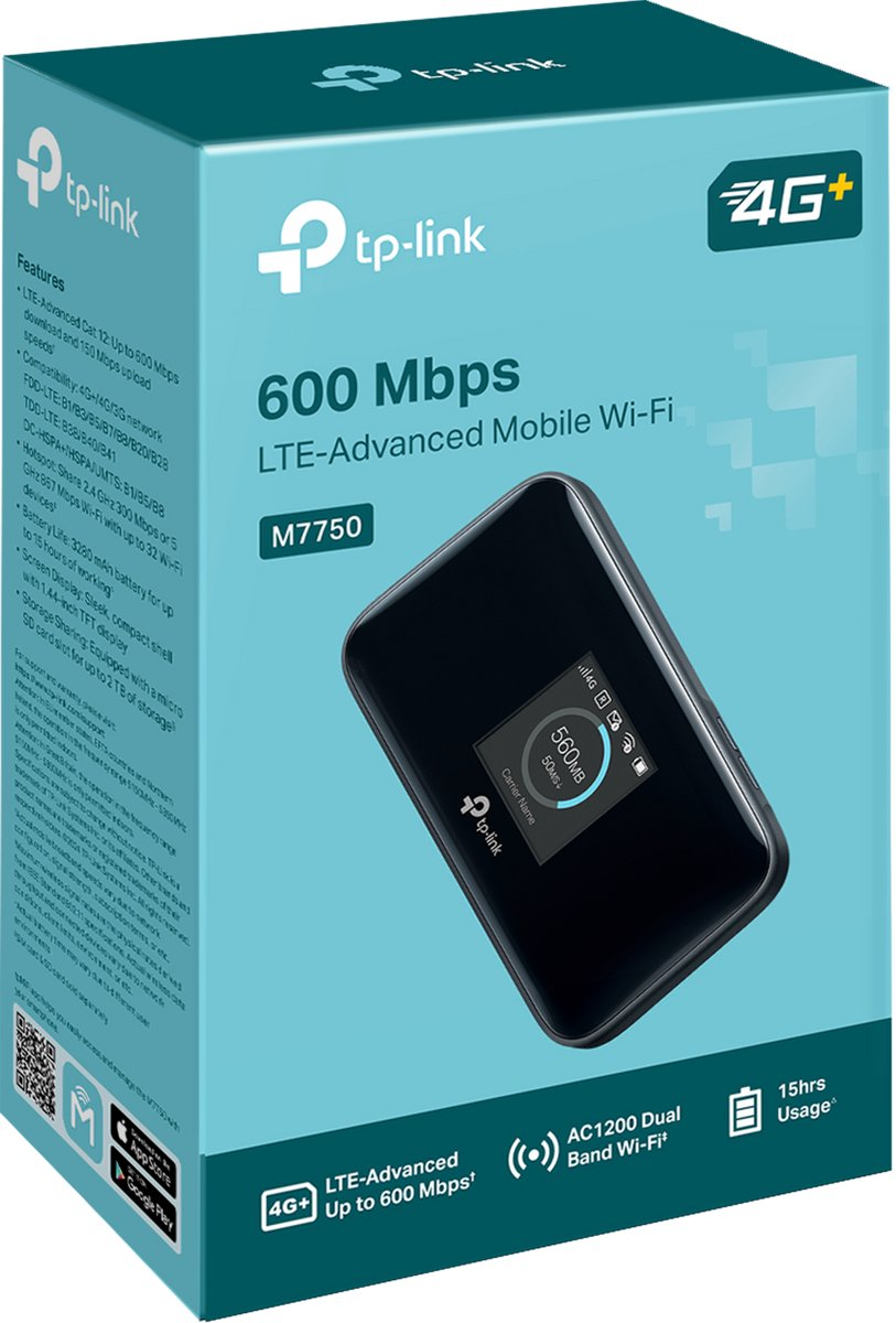 TP-Link M7750 LTE-Advanced mobile Wi-Fi box with device image.