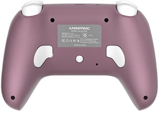 Widok z tyłu fioletowego kontrolera gier z białymi przyciskami i czarnymi detalami.