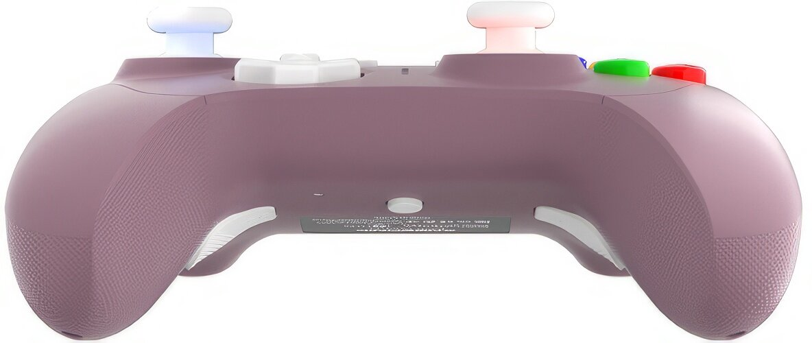 Fioletowy kontroler z białymi joystickami i przyciskami.