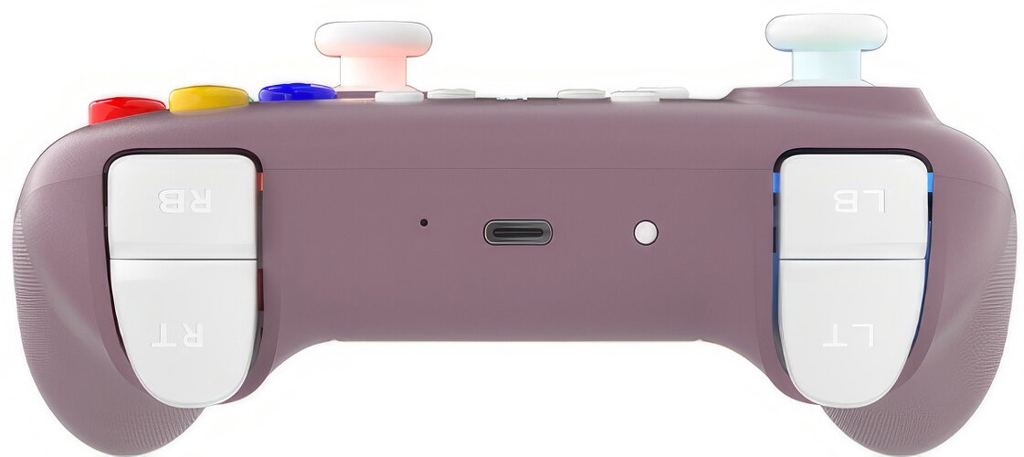 Fioletowy kontroler do gier z kolorowymi przyciskami, portem USB-C i białymi przyciskami LB/LT/RB/RT.