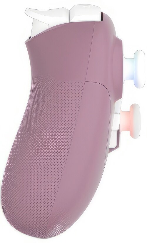 Fioletowy uchwyt kontrolera z białymi przyciskami i podświetlanym joystickiem.