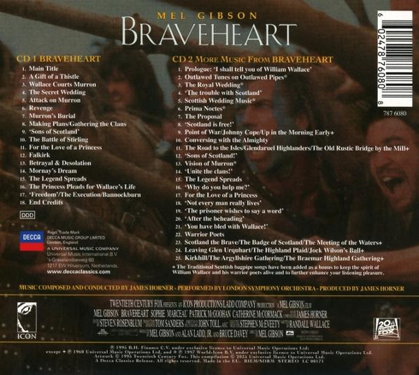 Rückseite des Braveheart-Soundtrack-CD-Covers mit Titellisten für CD1 und CD2.