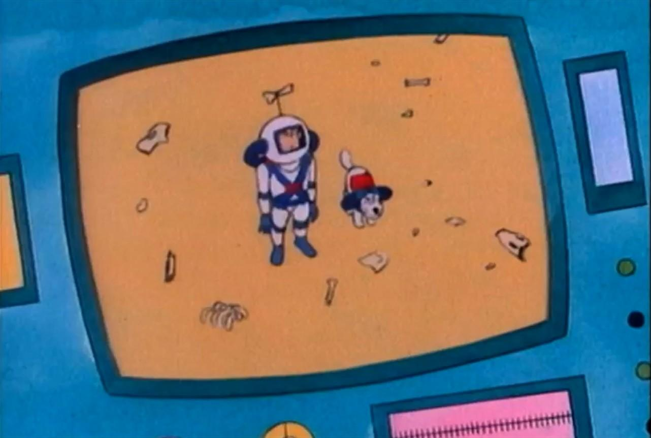 Astronaut und Hund auf orangefarbener Planetenoberfläche mit Trümmern.