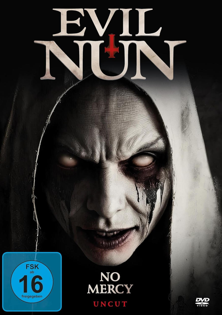 Böse Nonne mit blutigen Augen und einem roten Kreuz auf dem Poster.