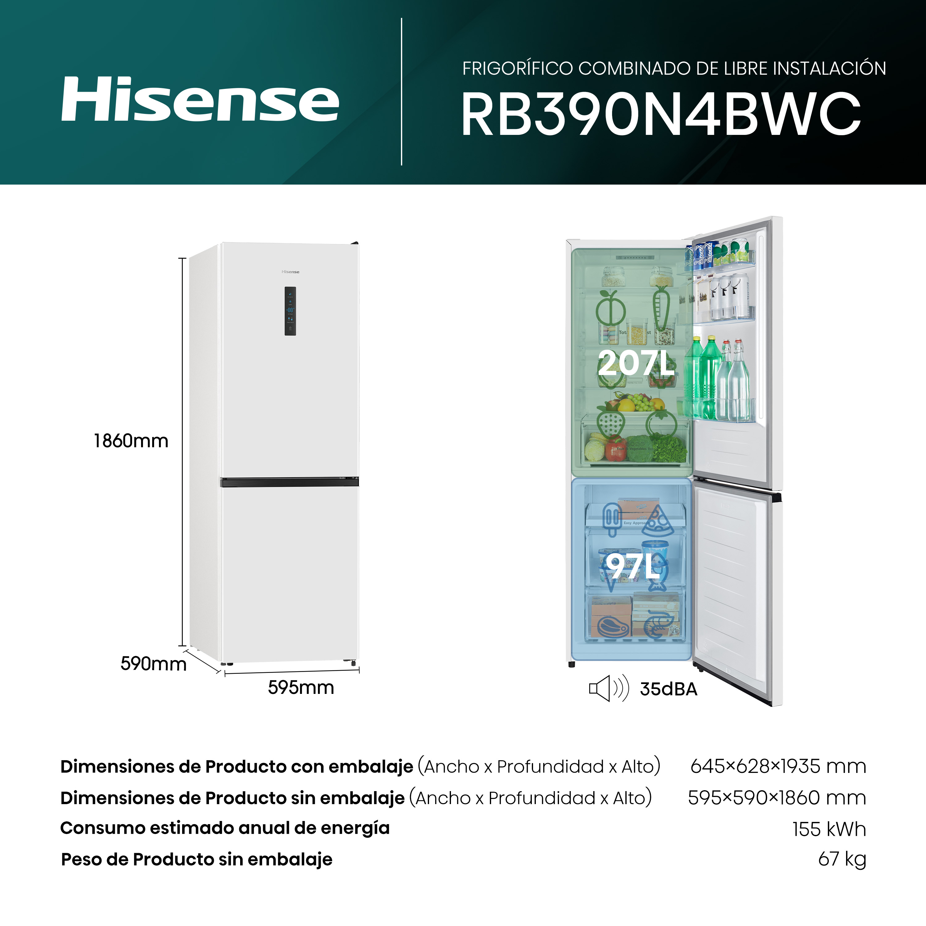 Nevera Hisense con compartimento congelador abierto. Dimensiones y capacidad mostradas.