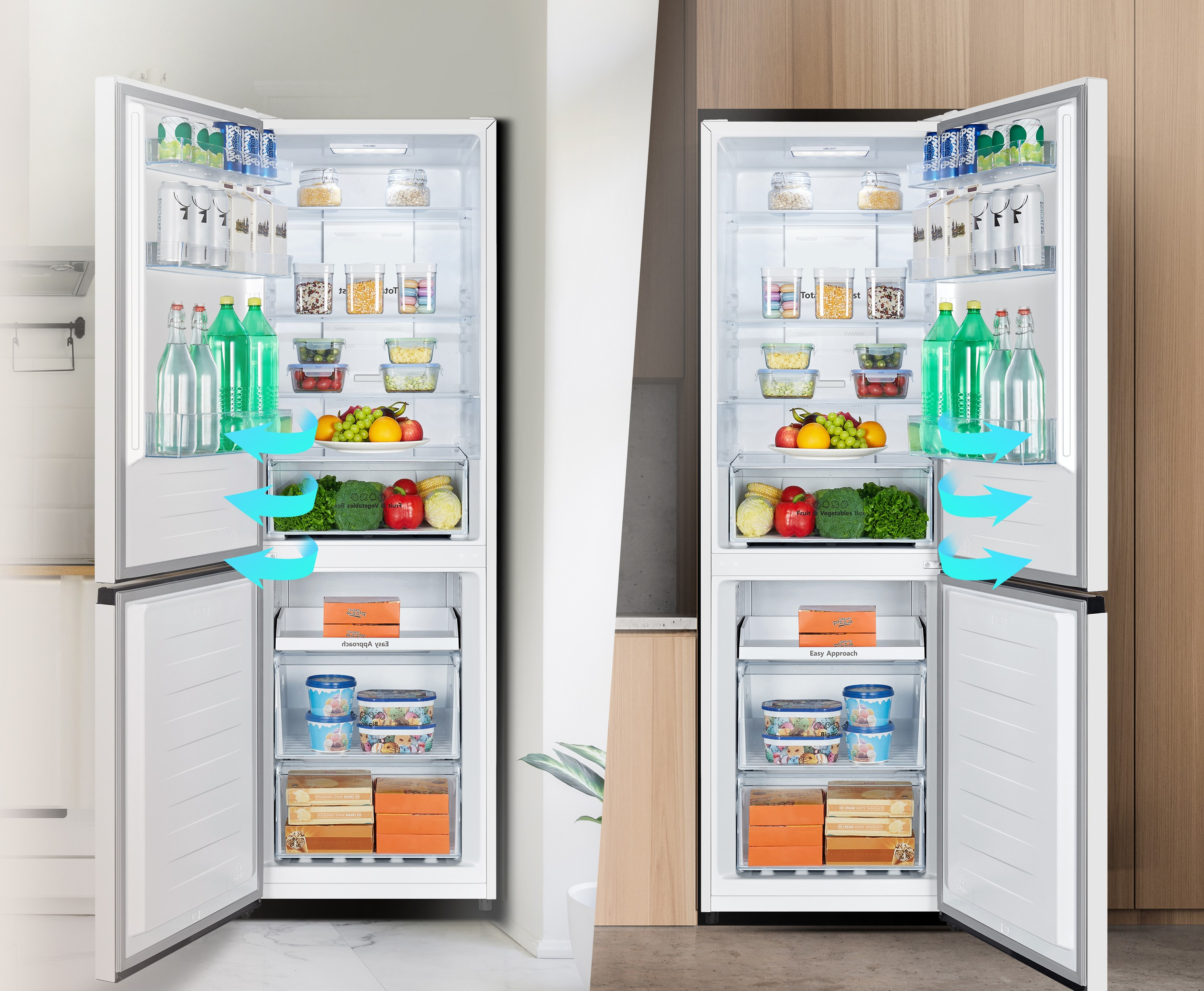 Refrigerador abierto con comida: bebidas, frutas, verduras y helado.