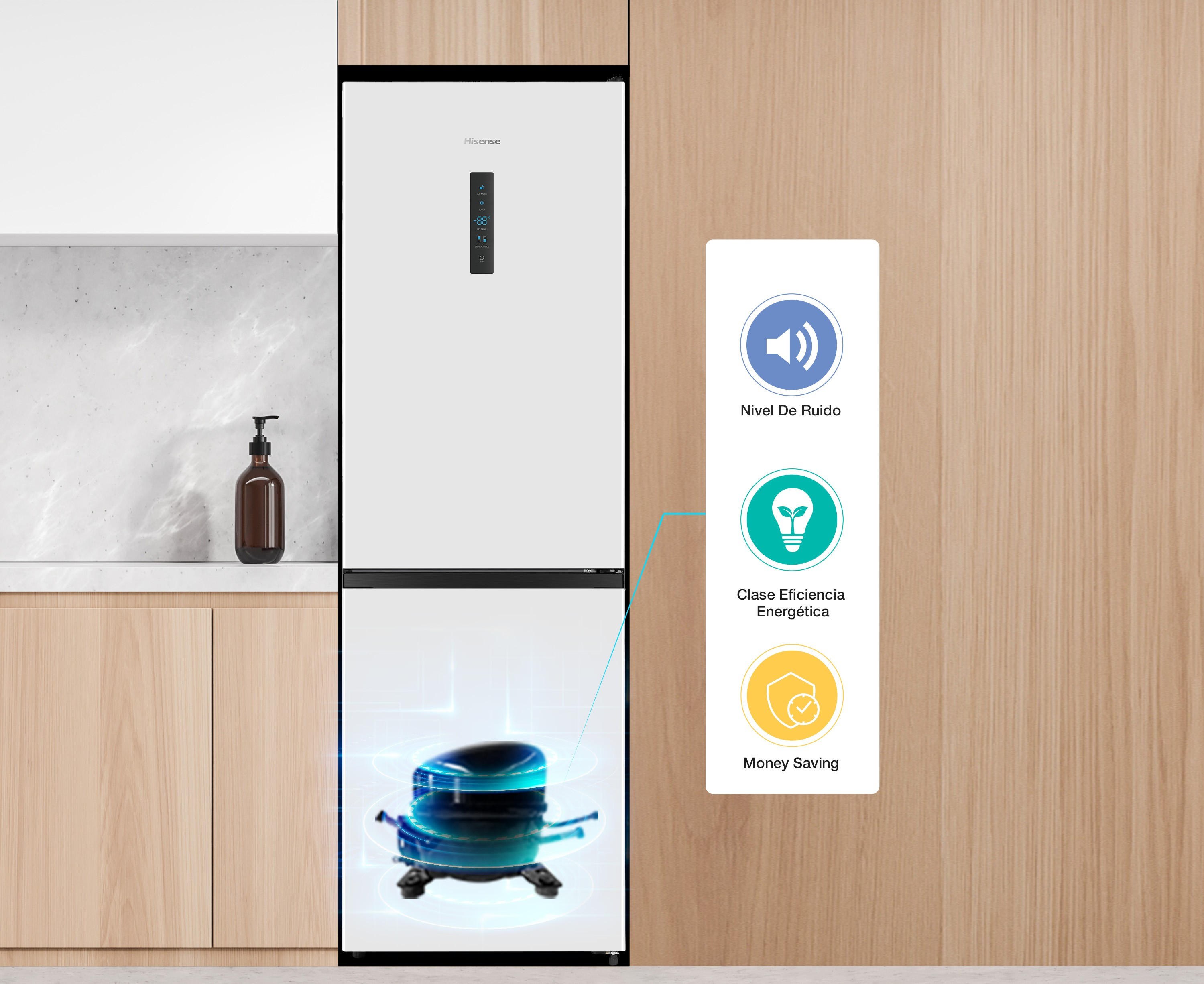 Un moderno refrigerador blanco Hisense con panel de visualización y compresor visible.
