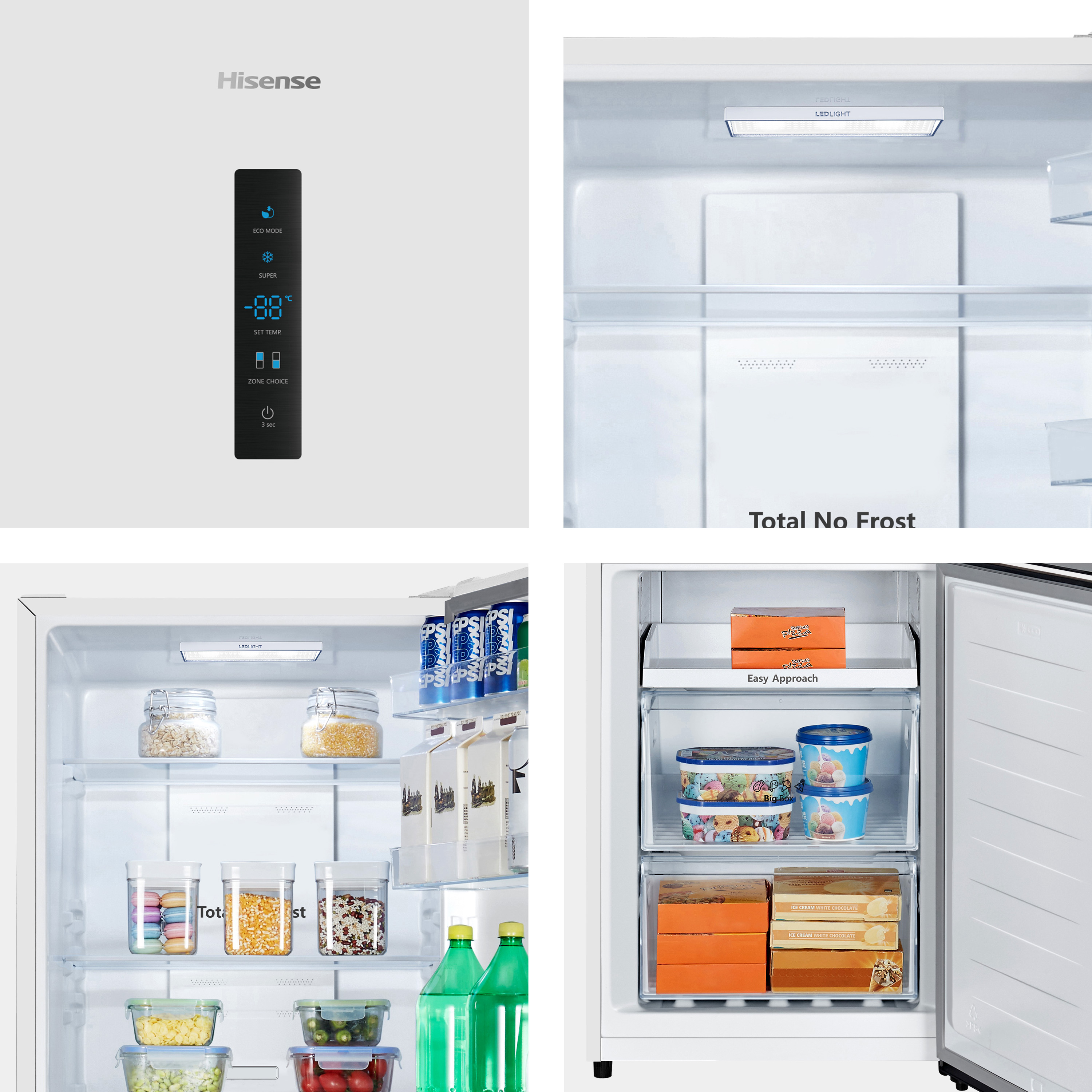Interior de refrigerador Hisense: luz LED, estantes de vidrio con alimentos y pantalla digital.