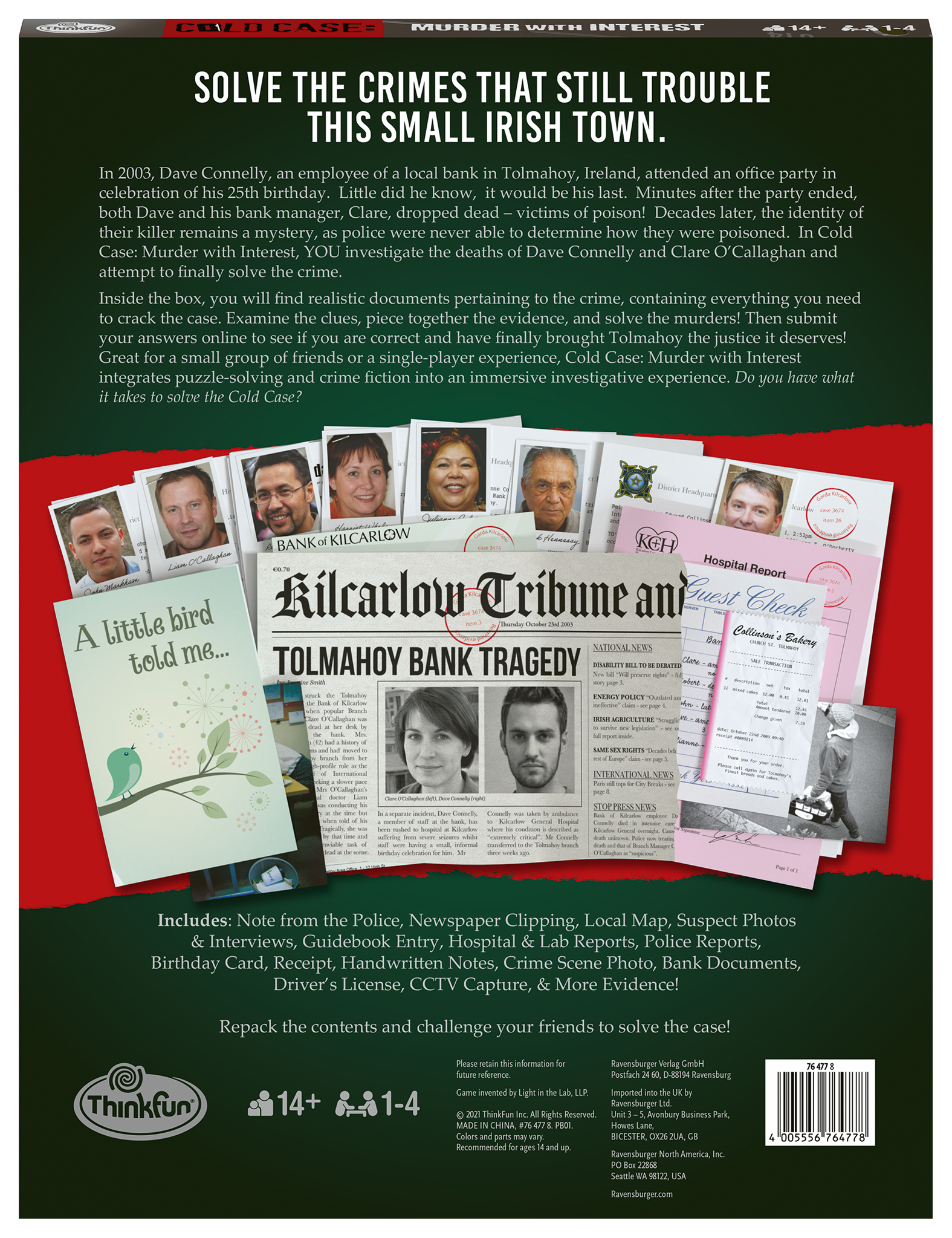 Ein Cold Case-Spielkarton mit Fotos von Verdächtigen, einer Zeitung und Dokumenten.