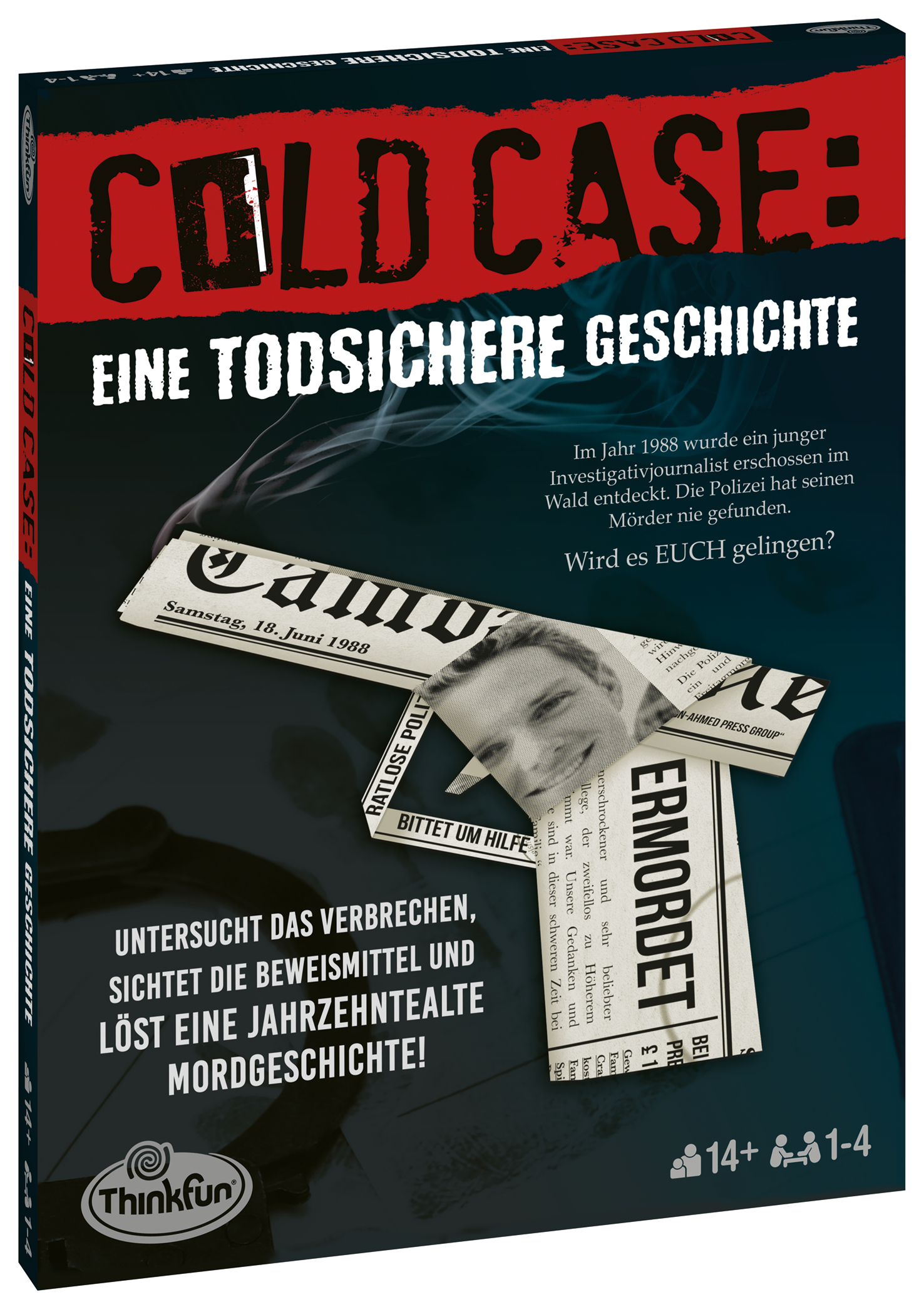 Brettspiel "Cold Case: Eine todsichere Geschichte" mit Zeitungsartikel-Motiv und Raucheffekten.