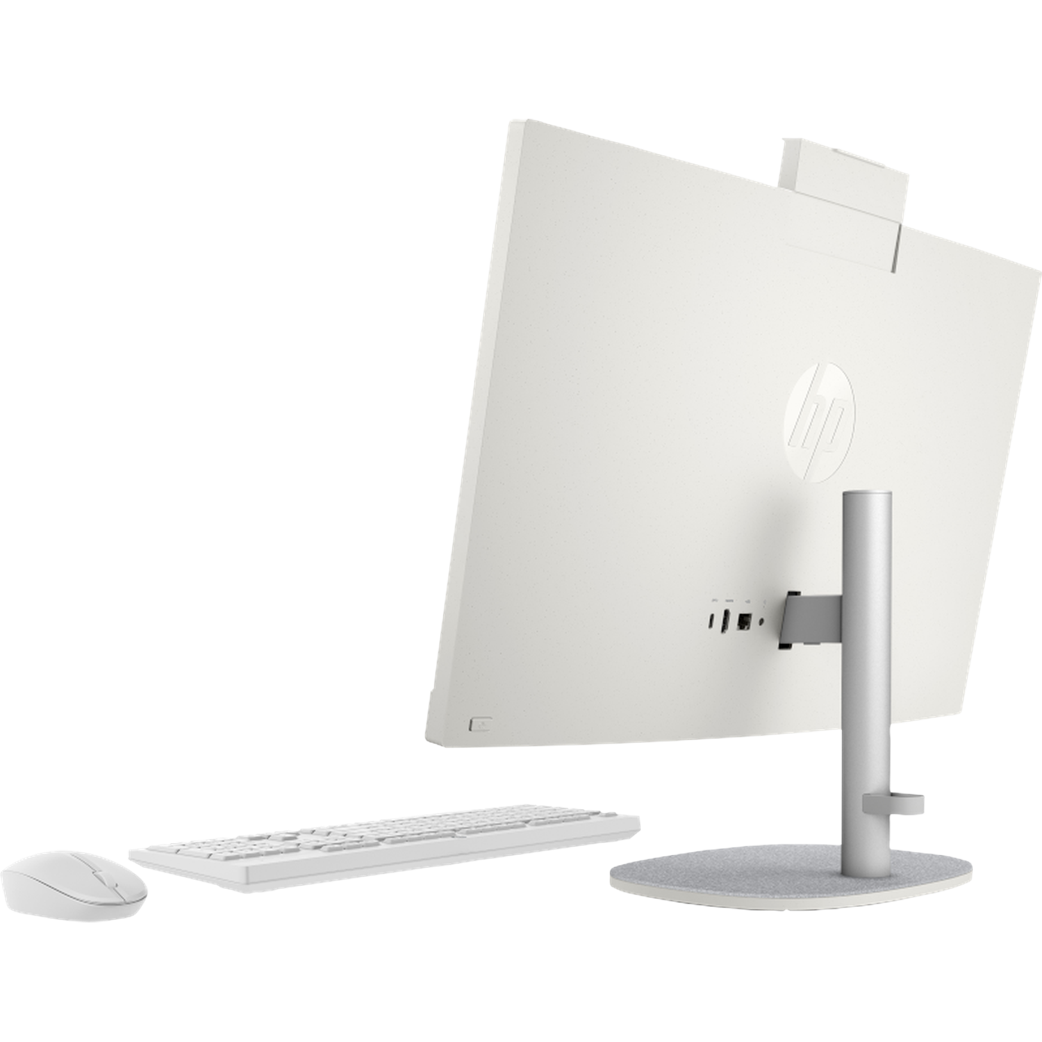 A white HP All-in-One computer with keyboard and mouse on a white background.
