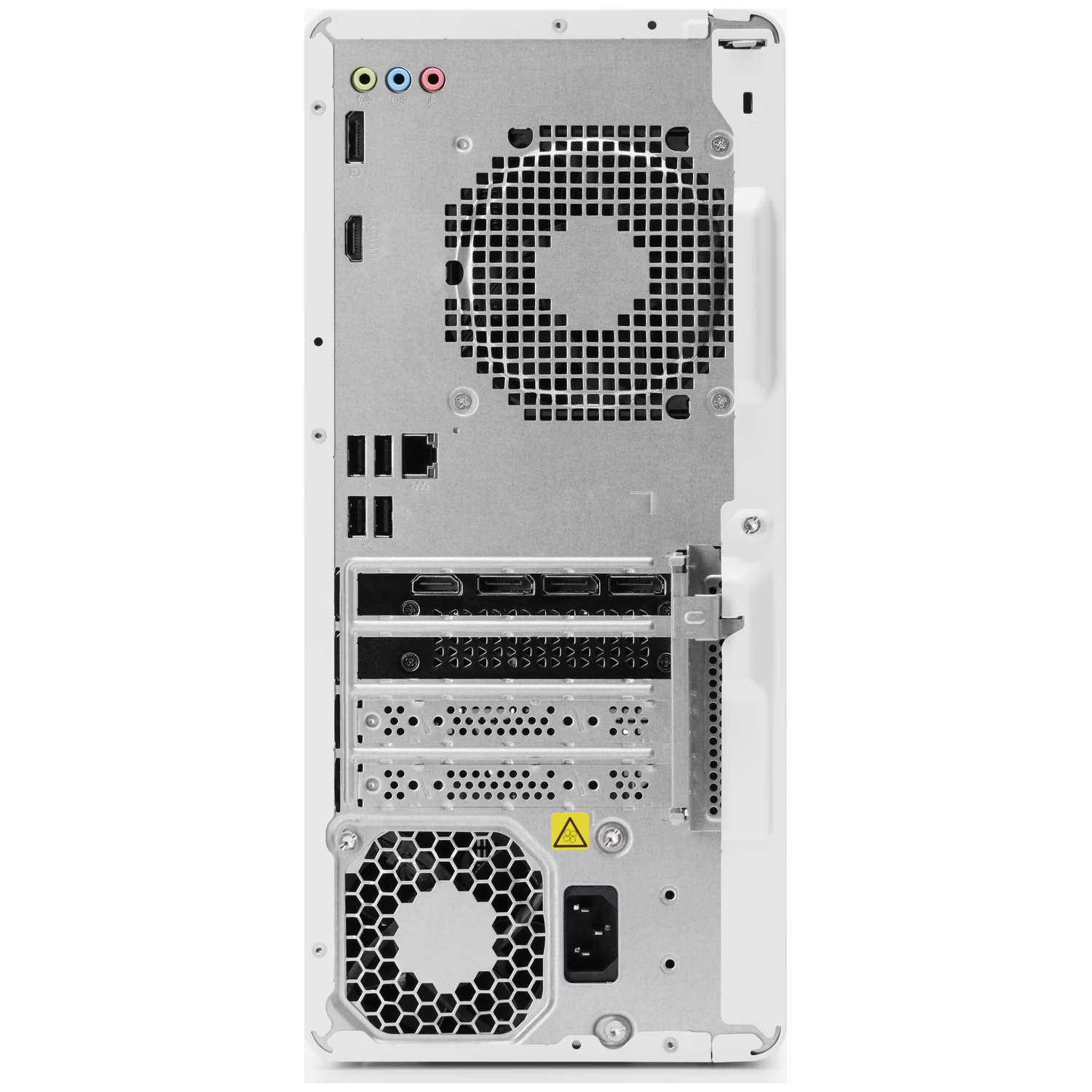 Back panel of a white computer tower with ports: USB, HDMI, audio, Ethernet, power socket.