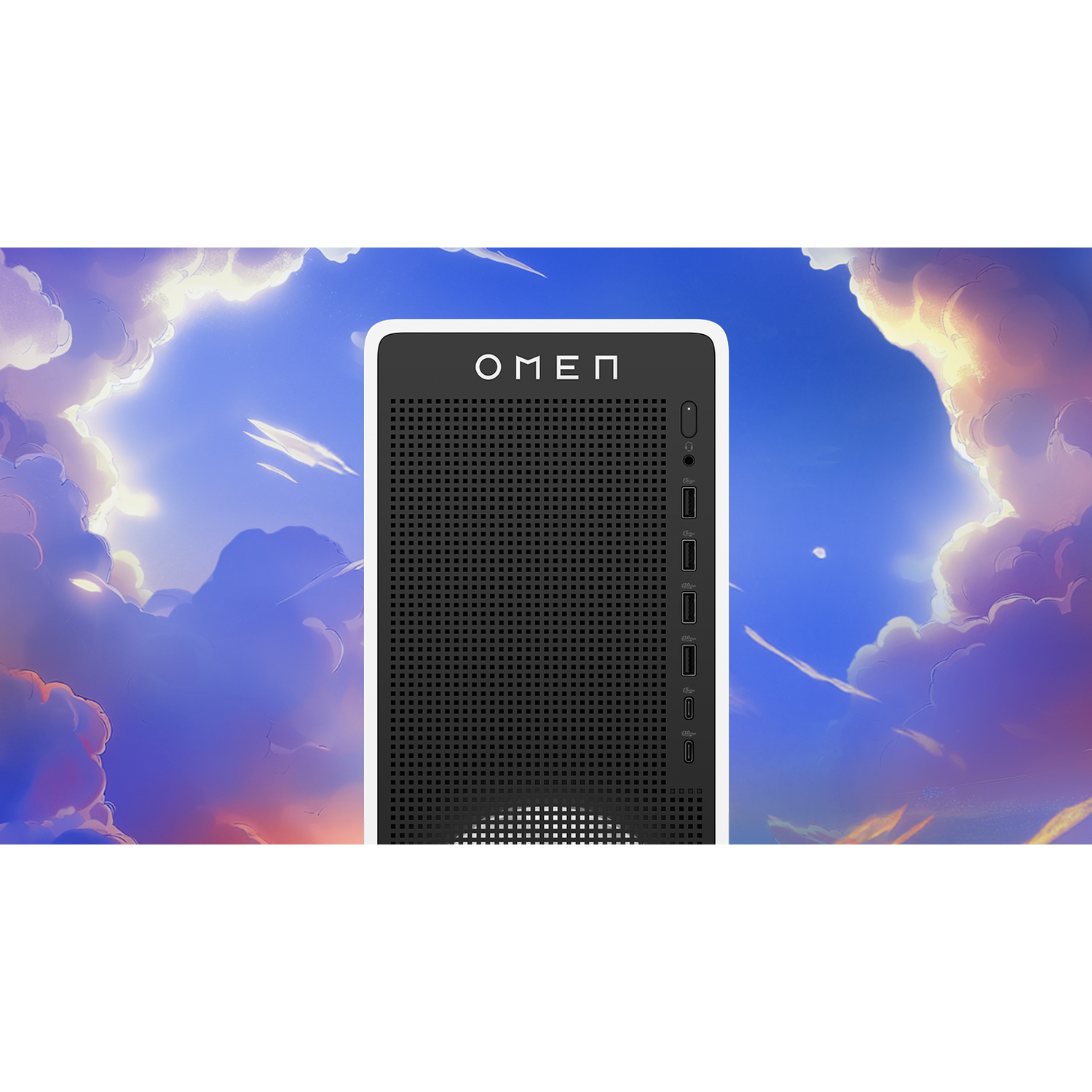 Black OMEN computer tower with a perforated front panel against a sky background.
