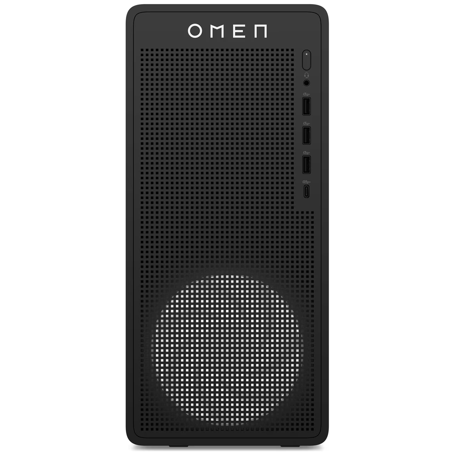 Black OMEN PC with a vented front and side ports.