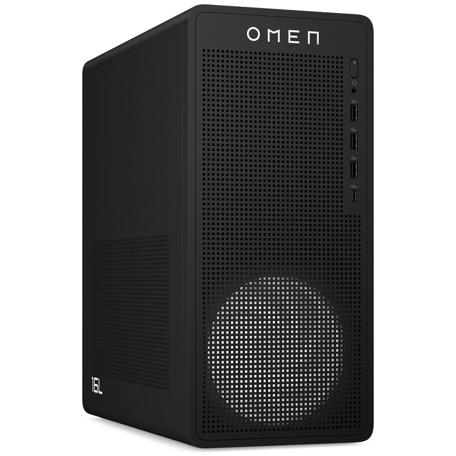 Black OMEN gaming desktop PC with a perforated front panel and visible ports. White logo on top.