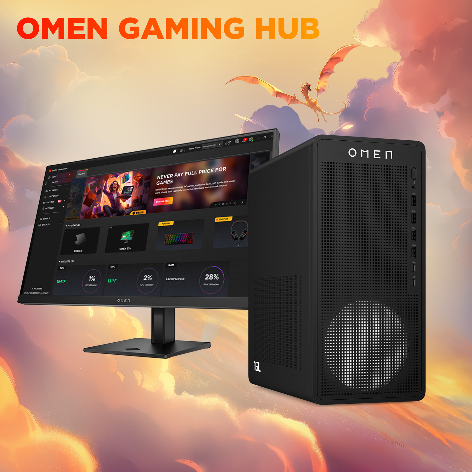 OMEN Gaming Hub with PC, monitor displaying deals, and a dragon in clouds.