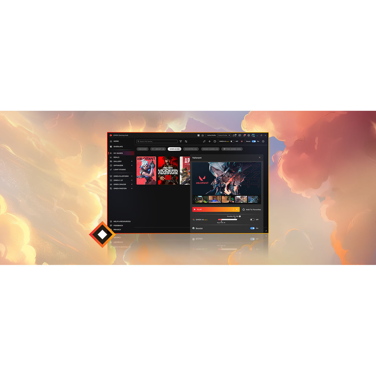 OMEN Gaming Hub displays Valorant and other games. Options include Play, Boost, and settings.