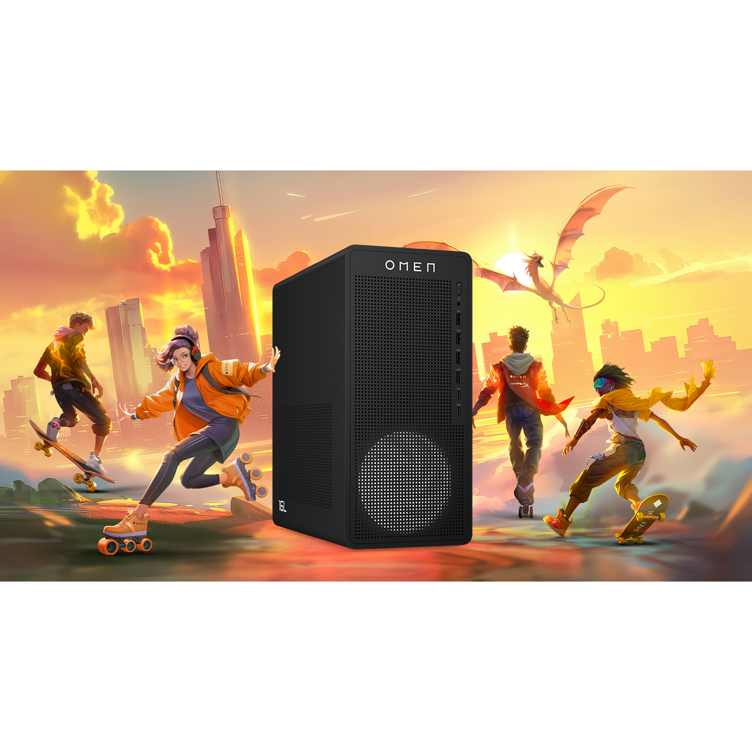 A black OMEN PC sits in front of a vibrant city skyline with animated characters skateboarding and a dragon flying.