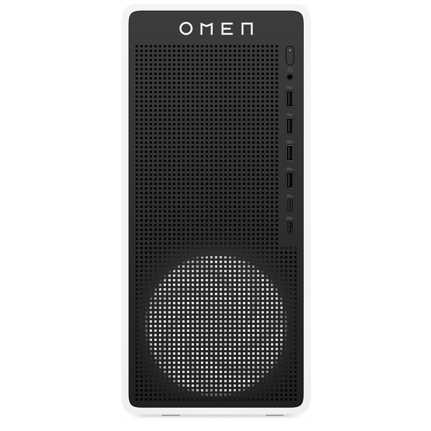 Witte en zwarte OMEN gaming pc-toren met voorpoorten en ventilatie.