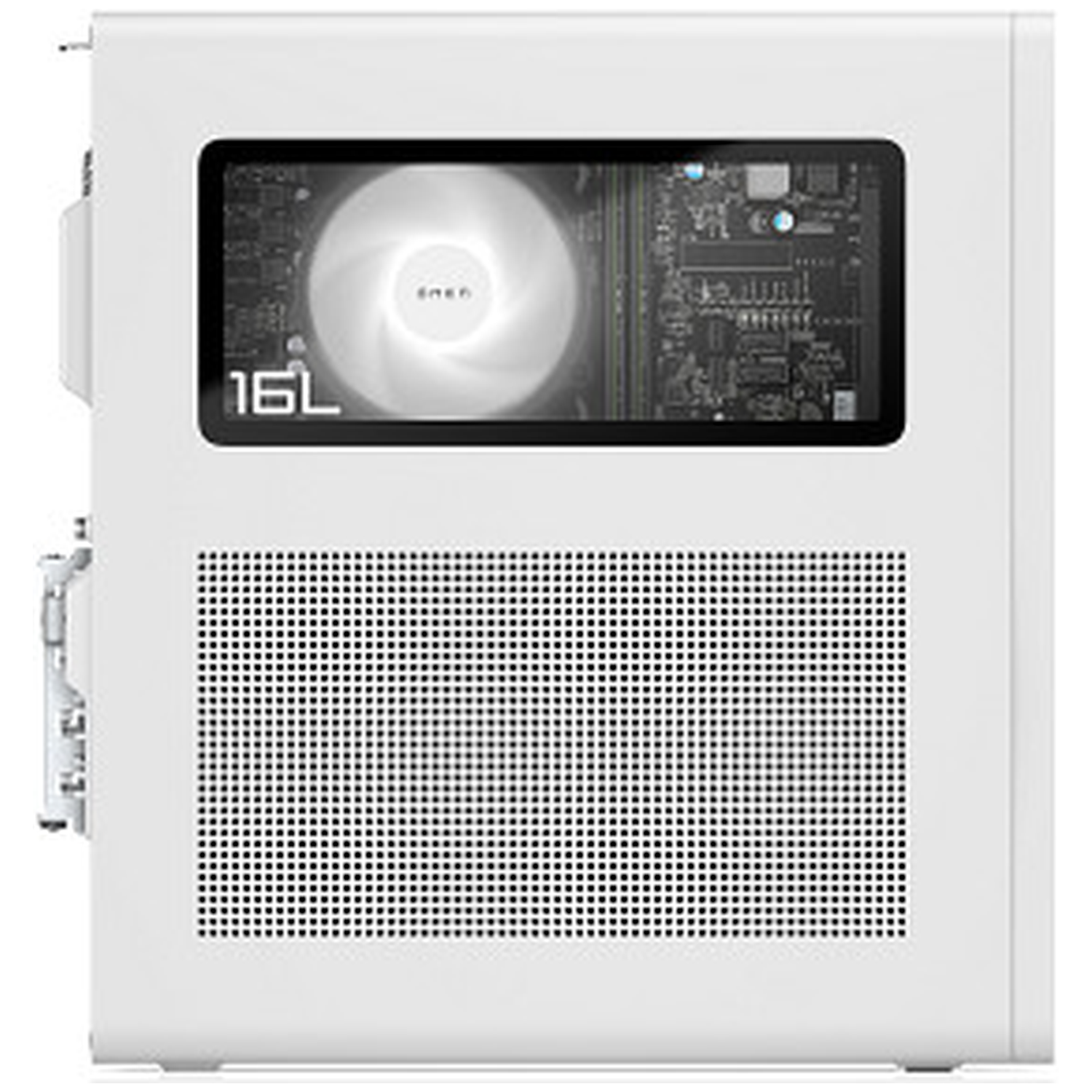 Witte computerkast met raam dat ventilator en moederbord toont. Tekst '16L' zichtbaar.
