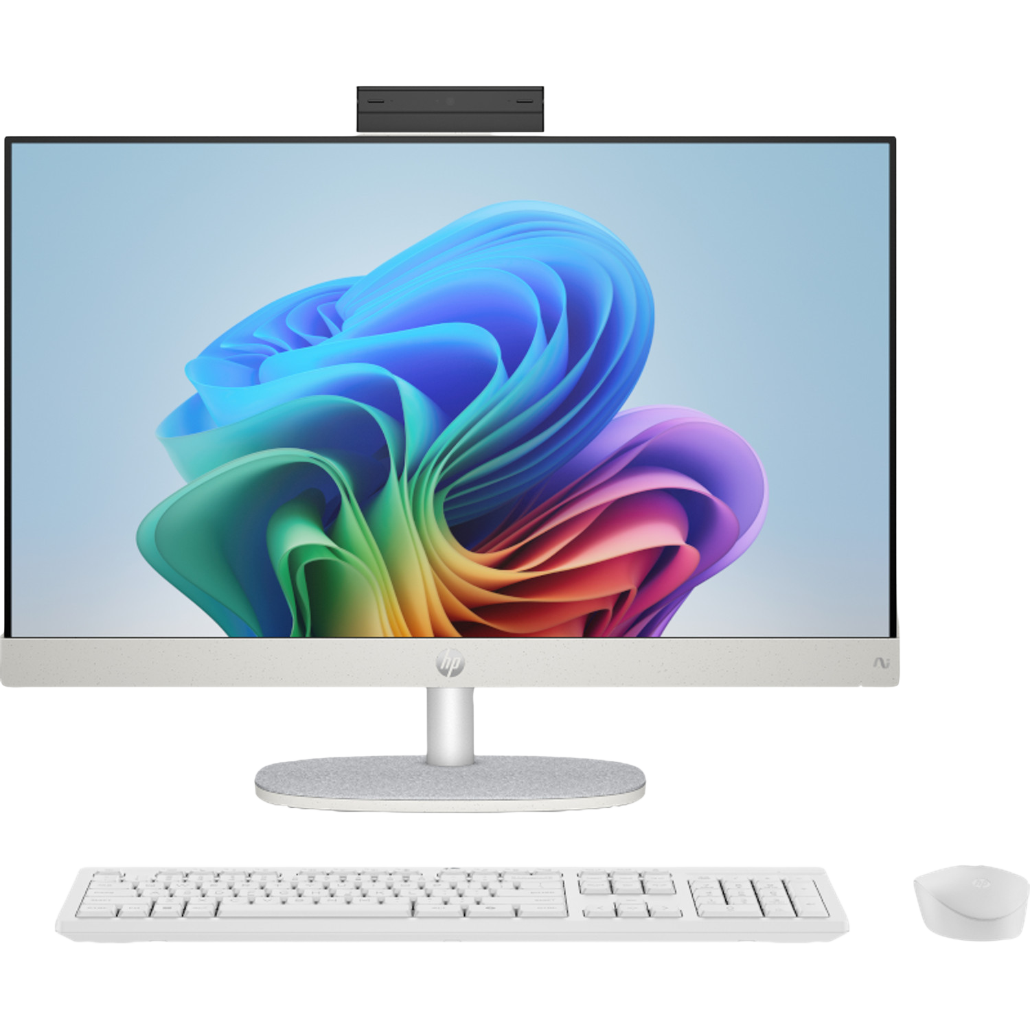 Een witte HP all-in-one computer met een kleurige abstracte wallpaper op het scherm.