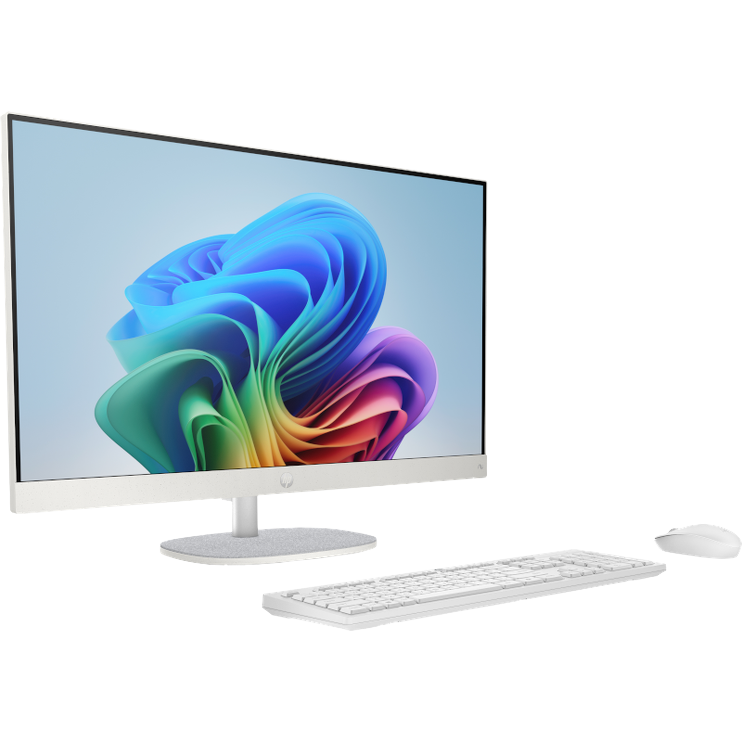 Een witte HP all-in-one computer met toetsenbord en muis op witte achtergrond.