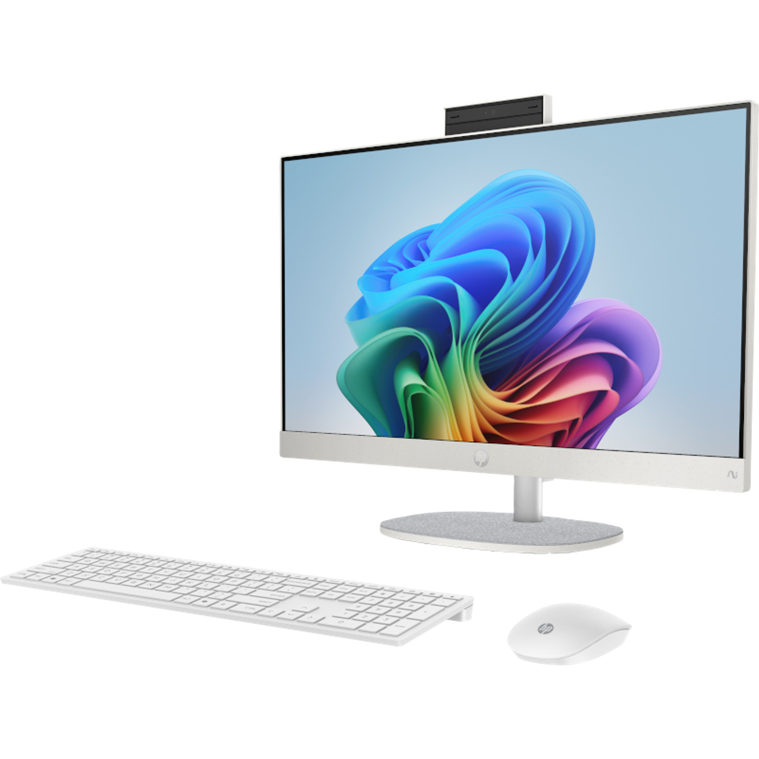 Een witte HP all-in-one computer met toetsenbord en muis op witte achtergrond.