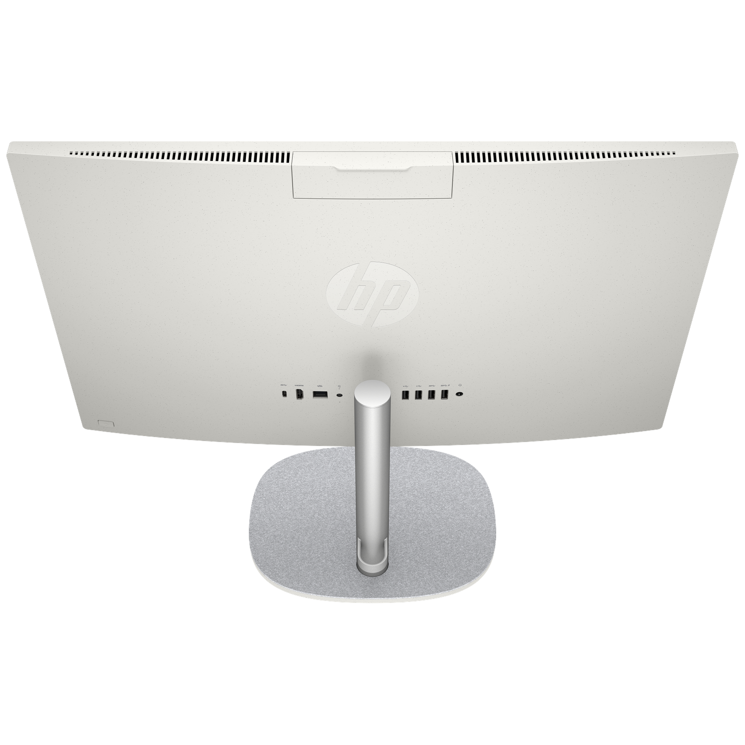 Achterkant van een witte HP All-in-One computer met poorten en zilveren standaard.